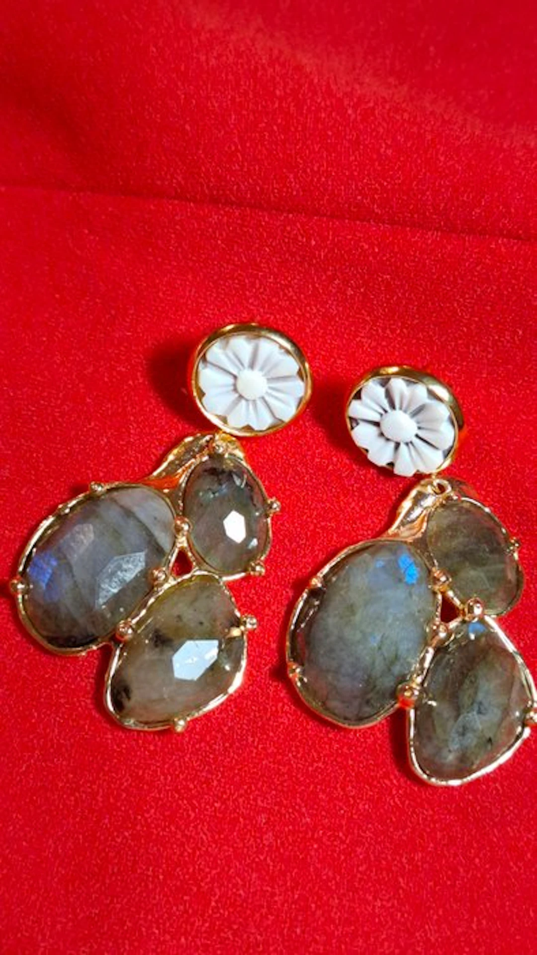 Bronze, Gold-plated - Cocktail earrings - Labradorite and cameo