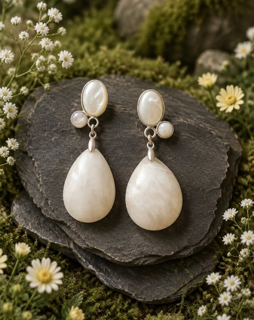 Silver, moonstone AA, mother-of-pearl AA - Earrings