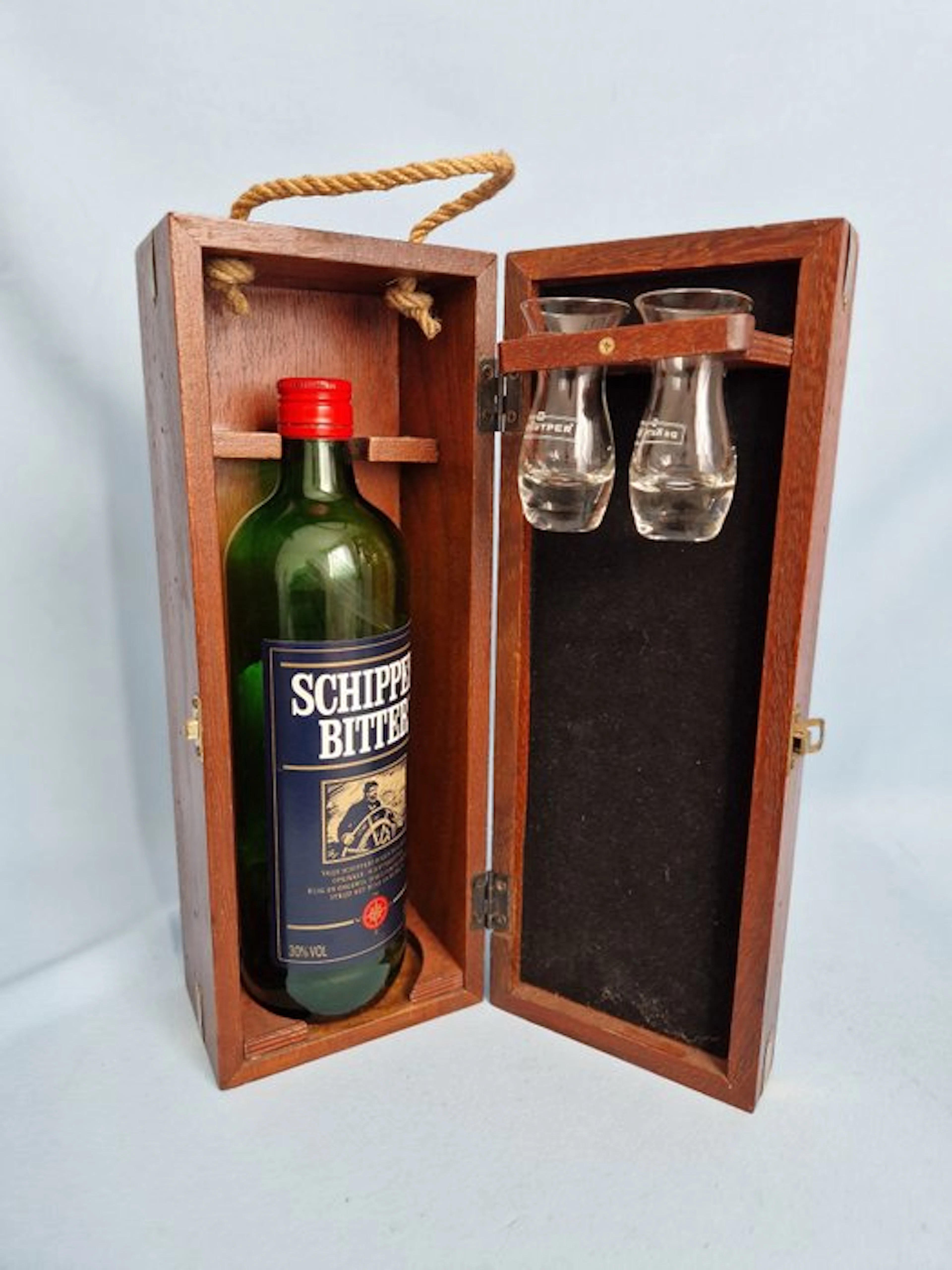Wooden Skipper Bitter Gift Chest with Nautical Theme & Glasses - Wood, Glass