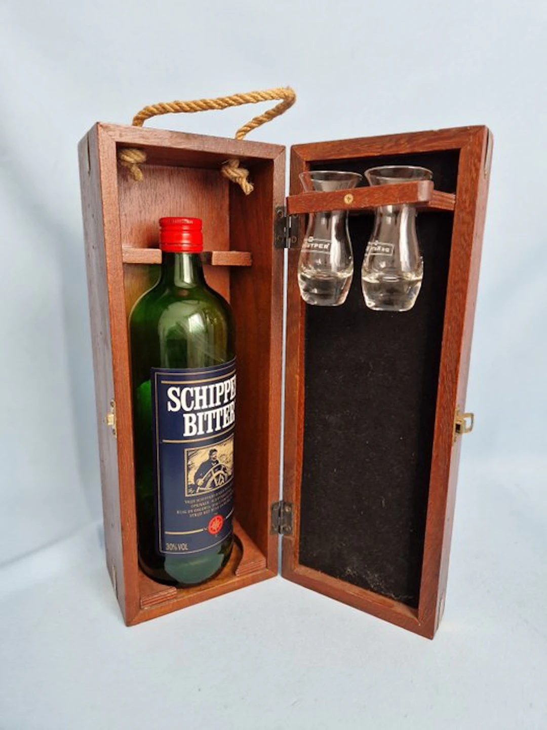 Wooden Skipper Bitter Gift Chest with Nautical Theme & Glasses - Wood, Glass