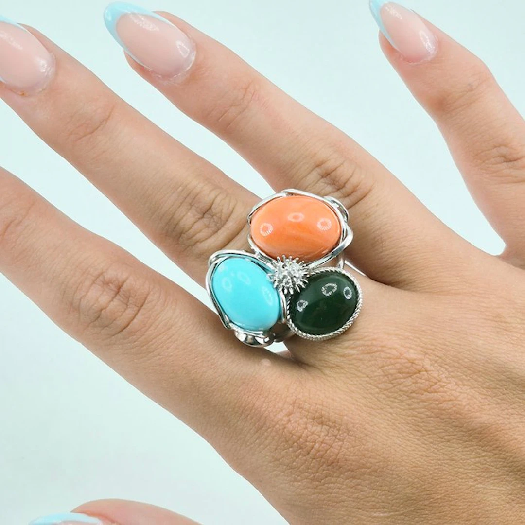 Coral - Silver - Ring - Turquoise, Coral and Jade