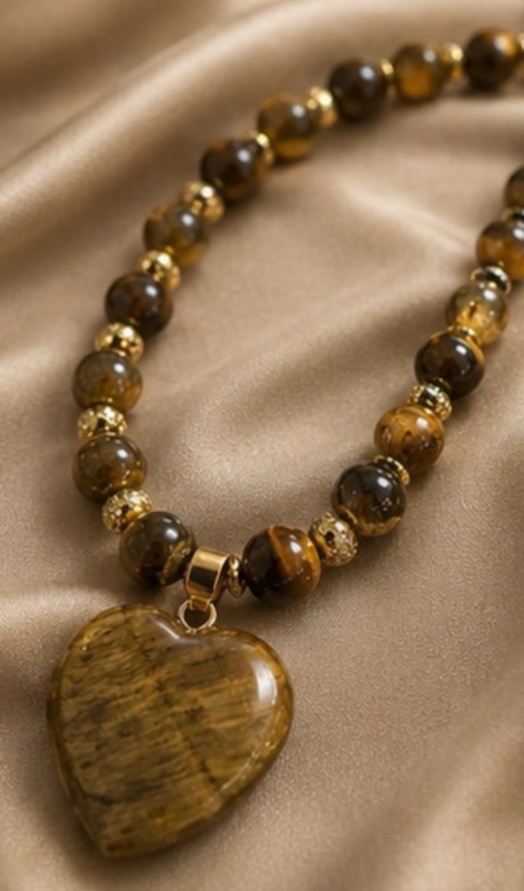 Elegant Tiger’s Eye Necklace with Heart Pendant - Necklace
