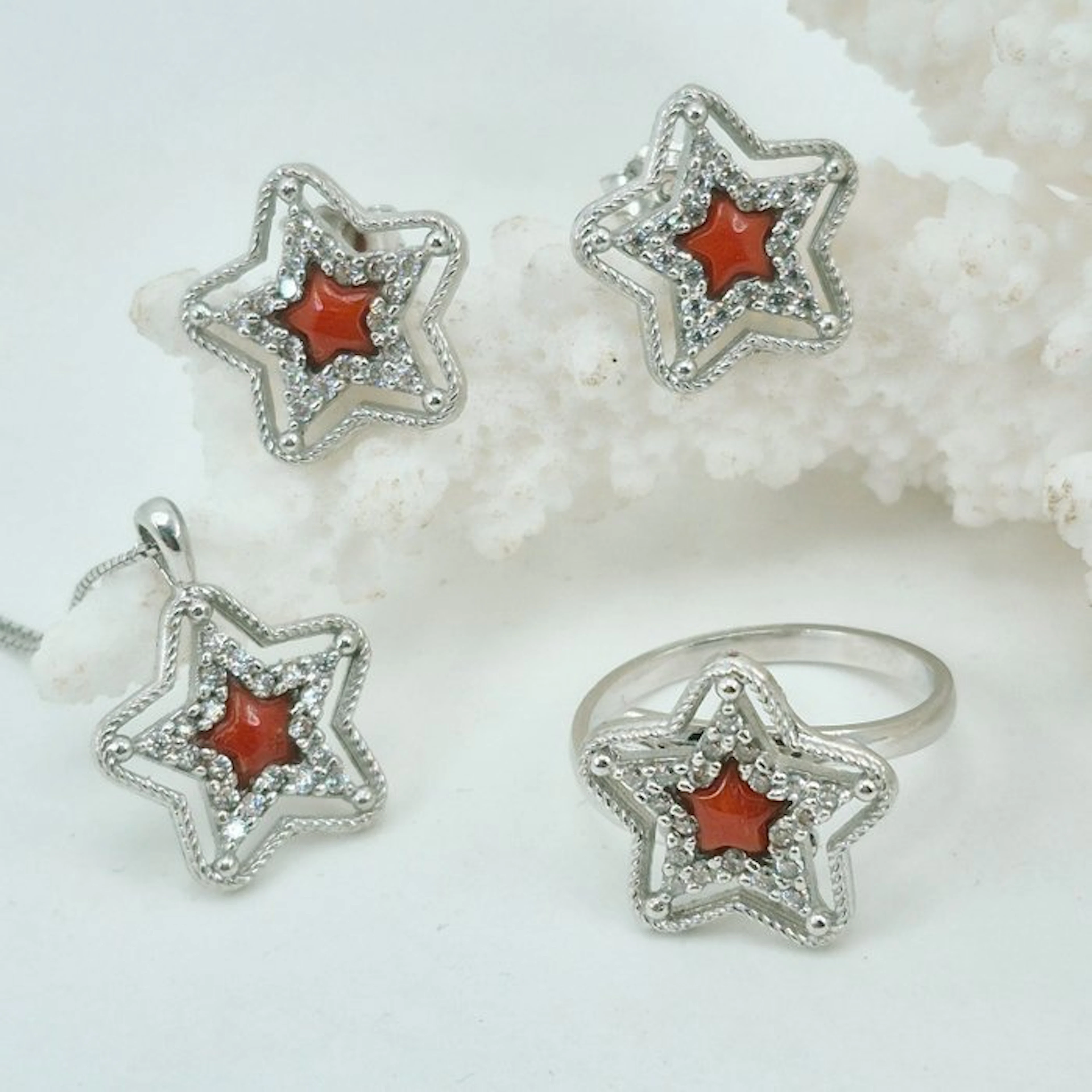 Coral - Silver - 3 piece jewellery set - CORALLO MEDITERRANEO