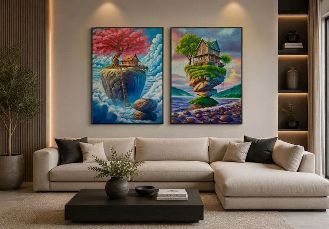 Elizabeth - El Vuelo del Refugio y el Cerezo Díptico 2 pinturas , 100 x 70 cm