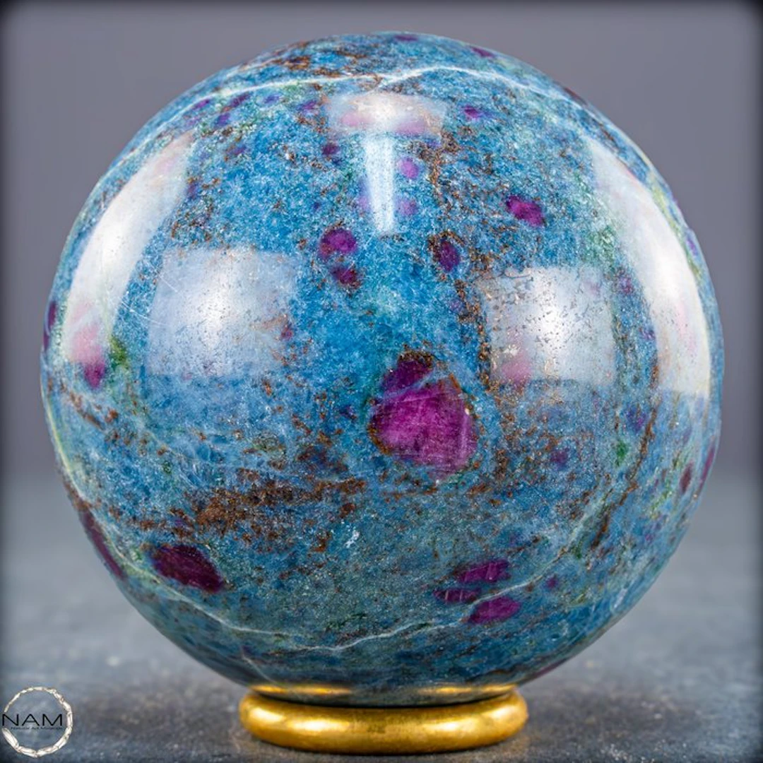 Powerful harmony – Ruby, Fuchsite & Kyanite in perfect spherical form- 491.48 g