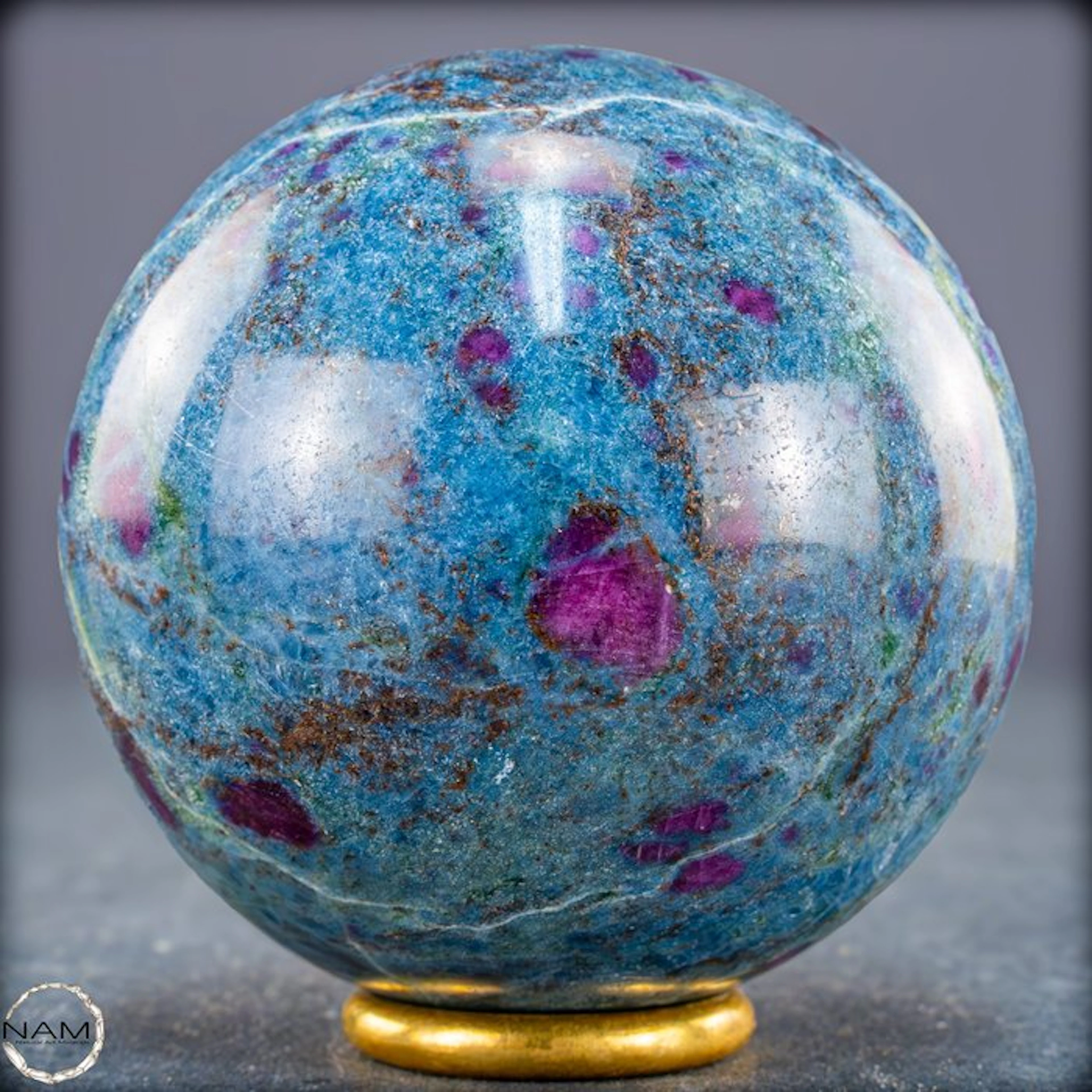 Powerful harmony – Ruby, Fuchsite & Kyanite in perfect spherical form- 491.48 g