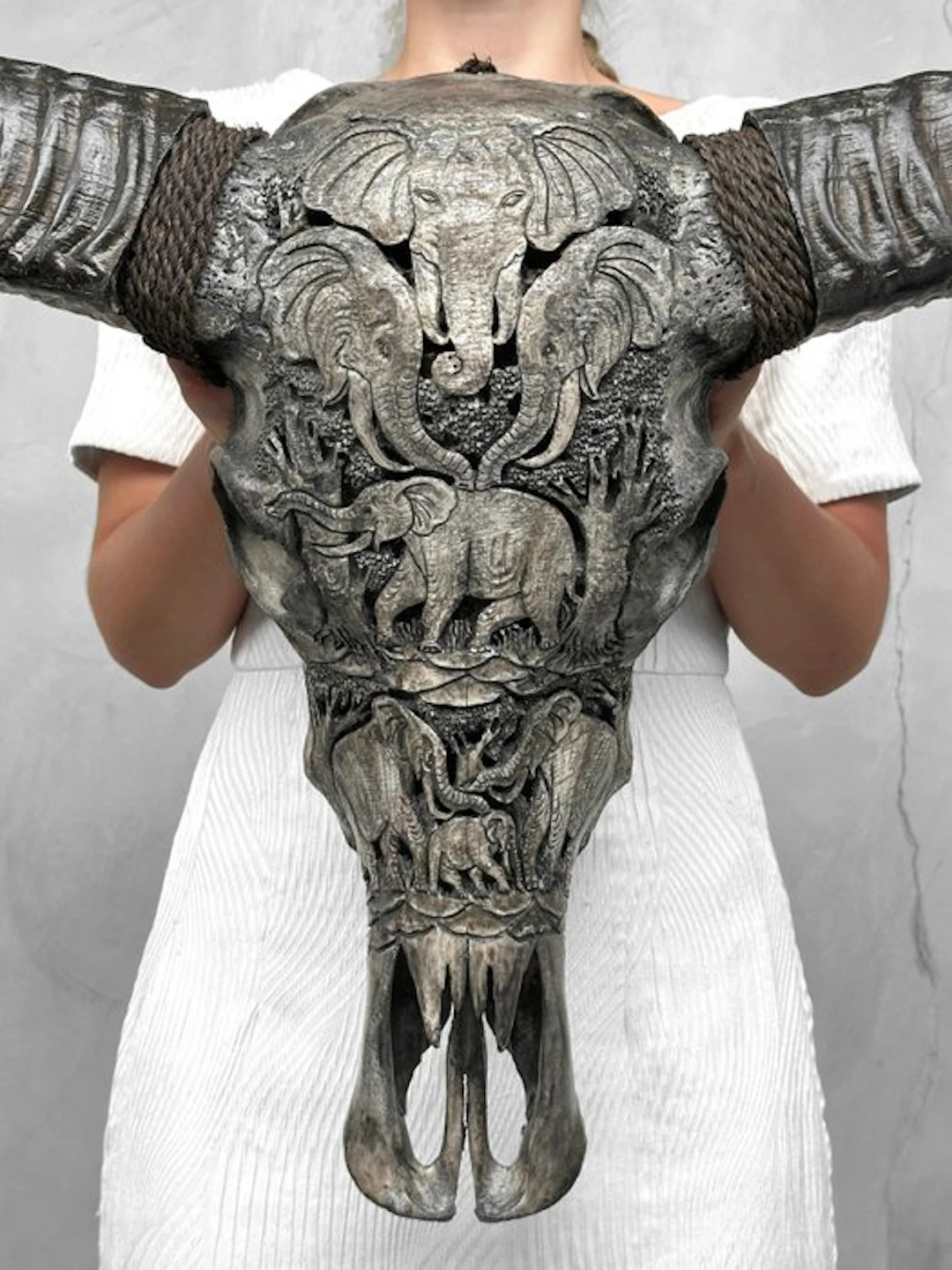 C - Extra Large Grey Carved Water Buffalo Skull...