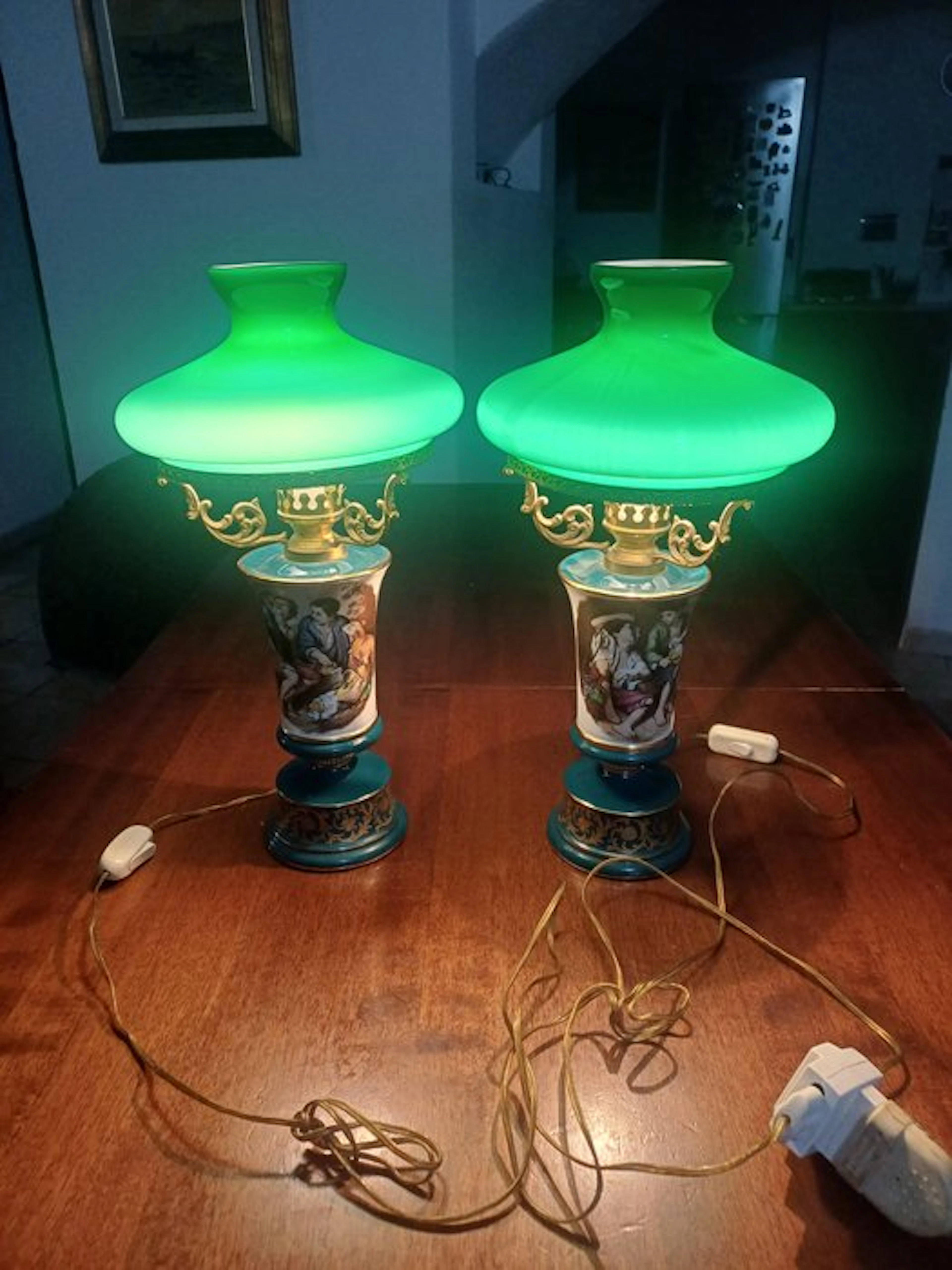 Bedside table lamp (2) - Glass, Porcelain, Brass, Metal