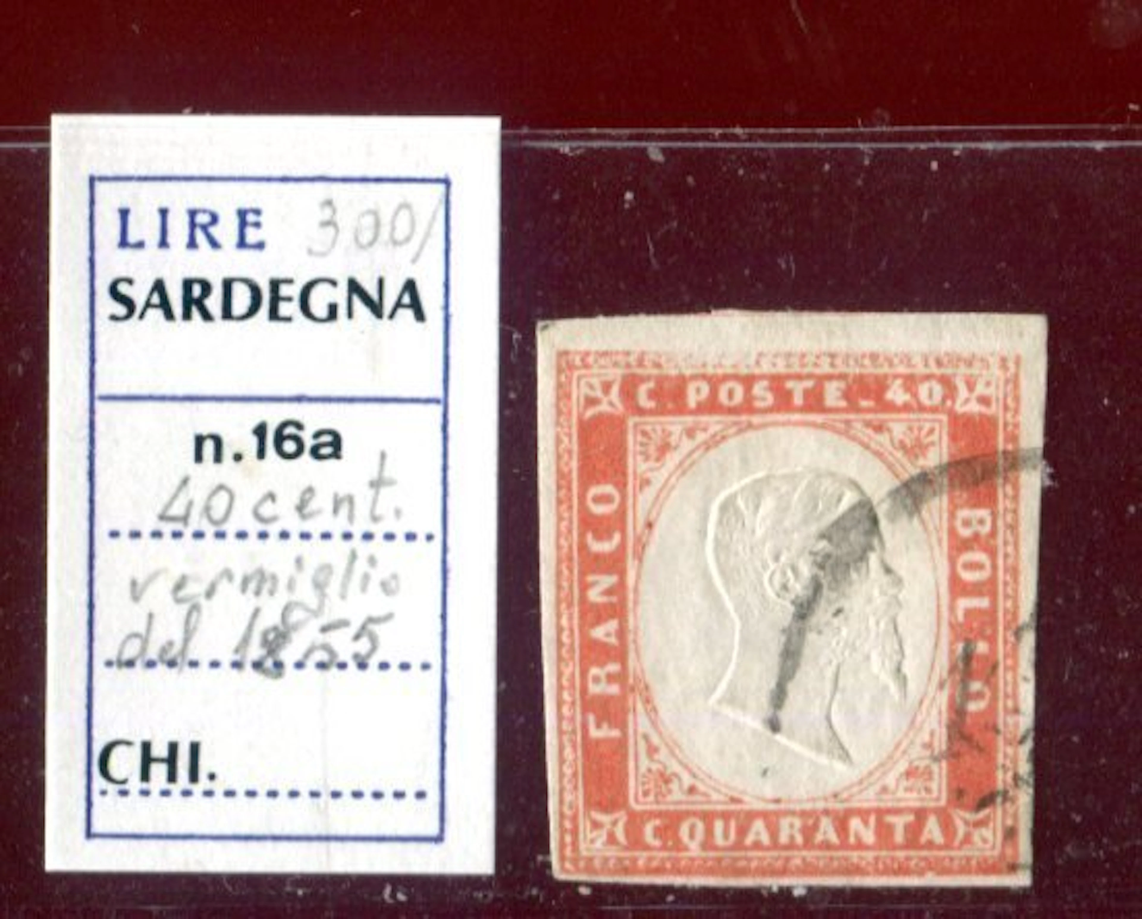 Italian Ancient States - Sardinia 1855 - 40 centesimi 'vermillion' from 1955