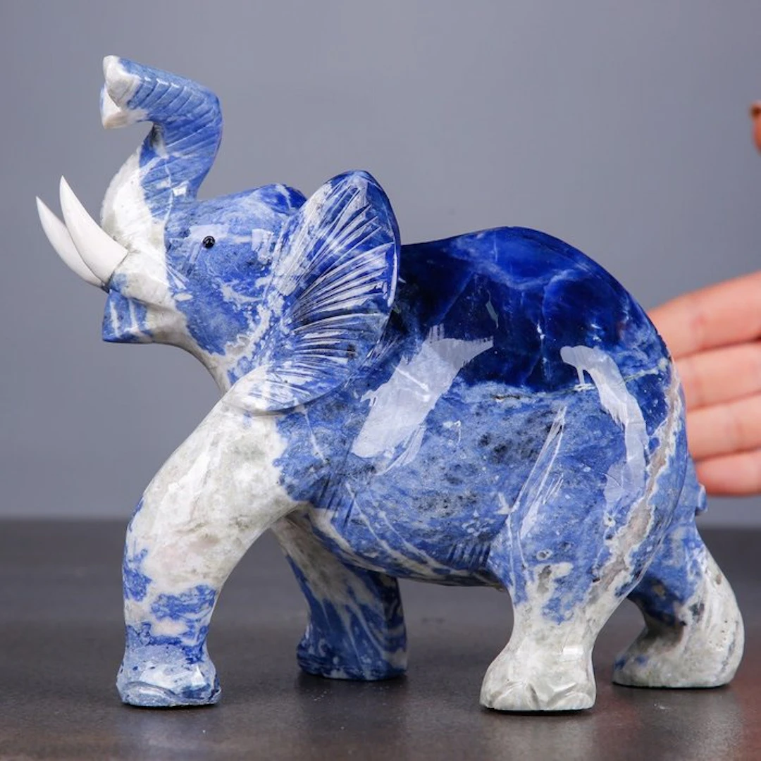 Hand-Carved Sodalite Elephant Sculpture - Natural Deep...