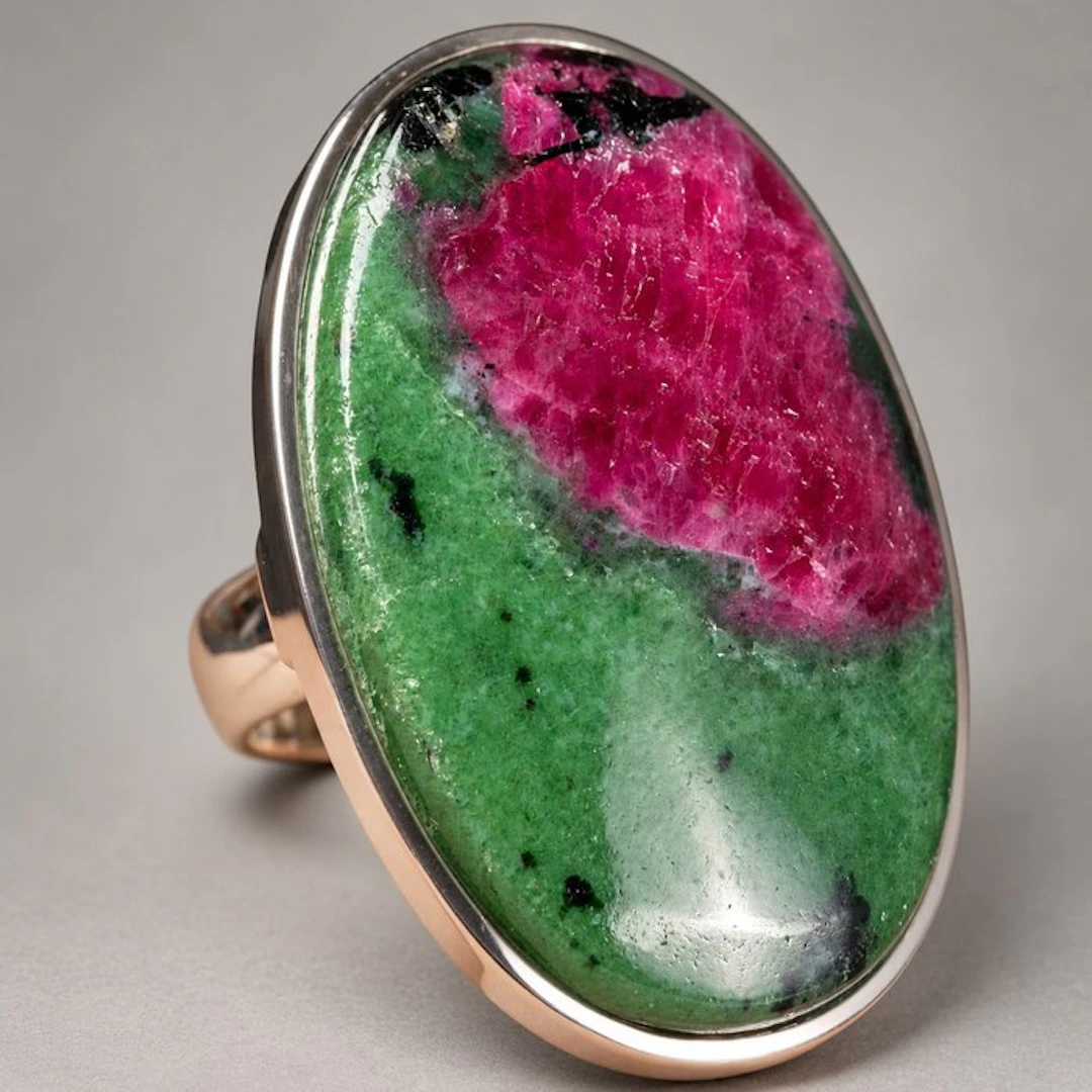 Sterling Silver 925 Ring with Large Cabochon Ruby Zoisite...