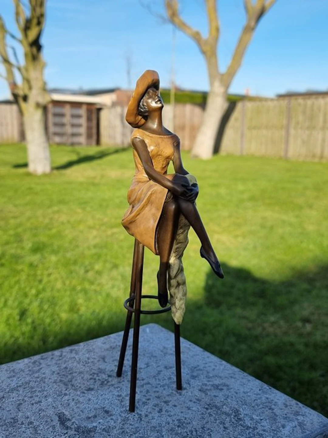 Statue, Bronze Lady with Hat on Bar Stool - 27.5 cm - Bronze