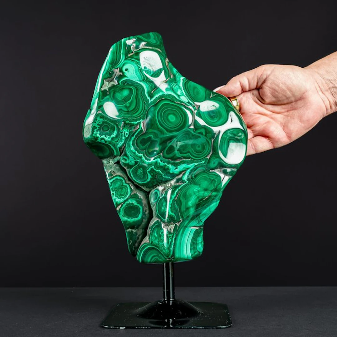 Very Decorative Natural Malachite Polished, on Stand- 5943.18 g