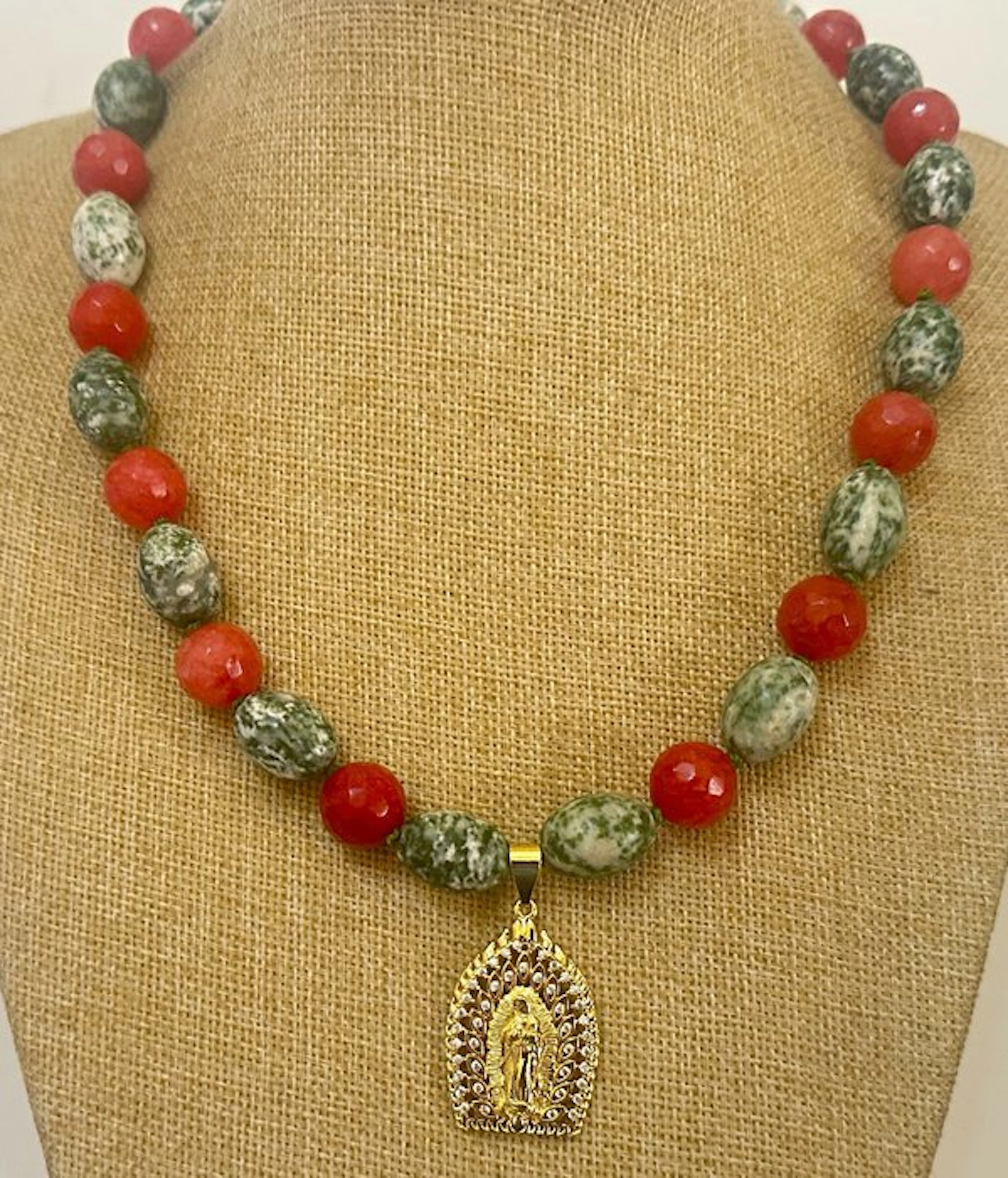 Spotted Green Jasper and Red Aventurine with Virgin Mary