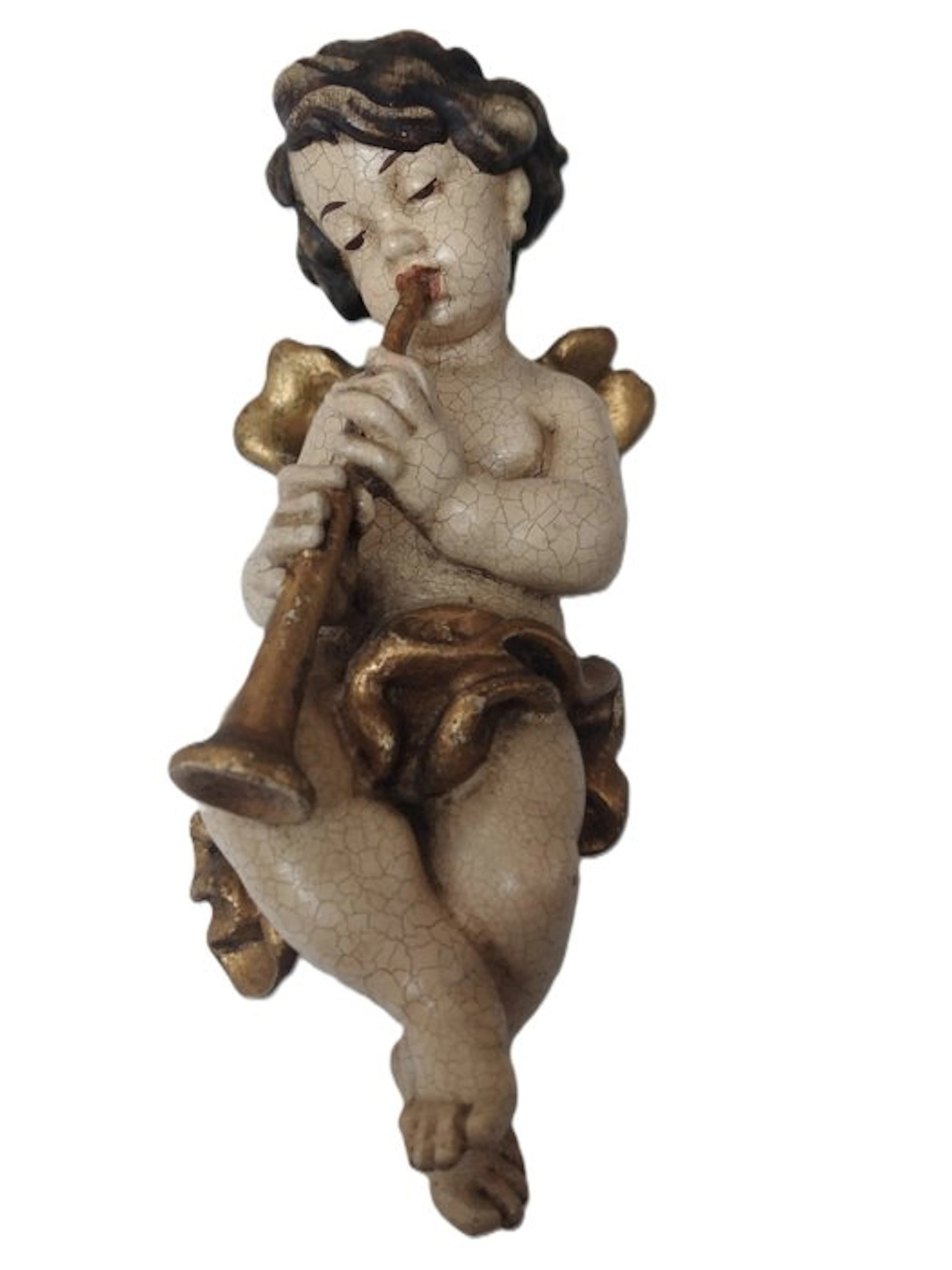 Carving, Holzfigur - farbiger Engel mit Trompete...