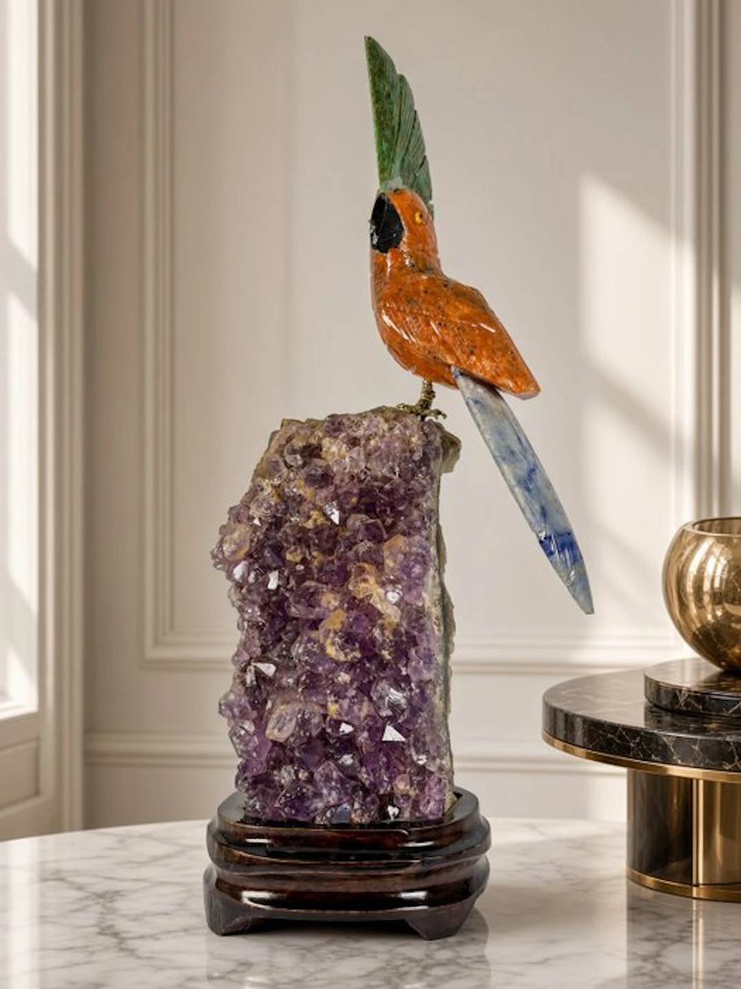 Beautiful piece - Hand-carved orange parrot on amethyst...