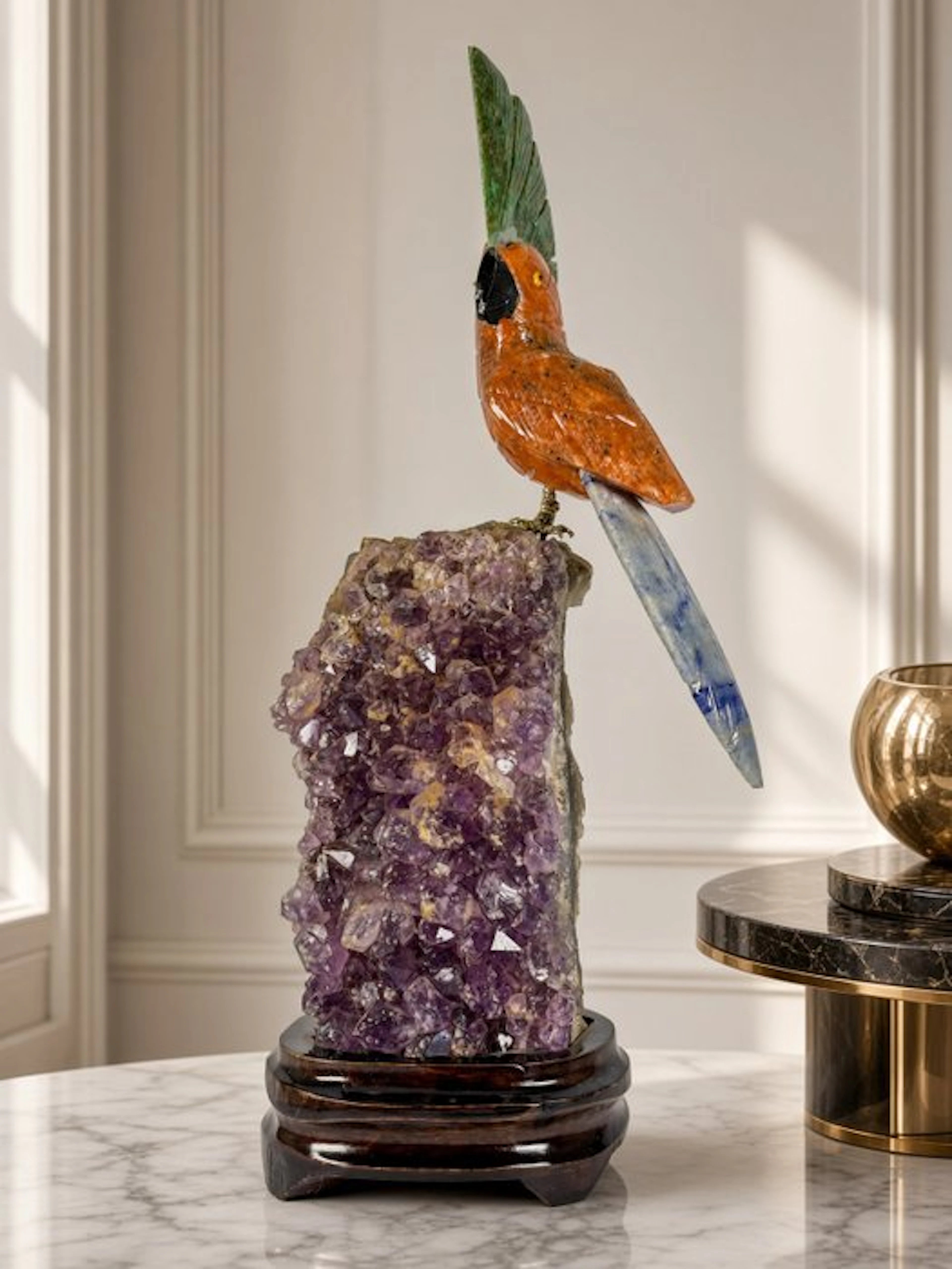 Beautiful piece - Hand-carved orange parrot on amethyst...