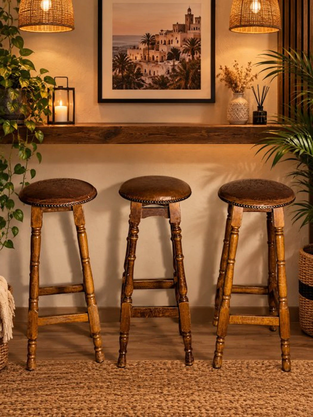 Stool (3) - 3 vintage bar stools in turned wood and...