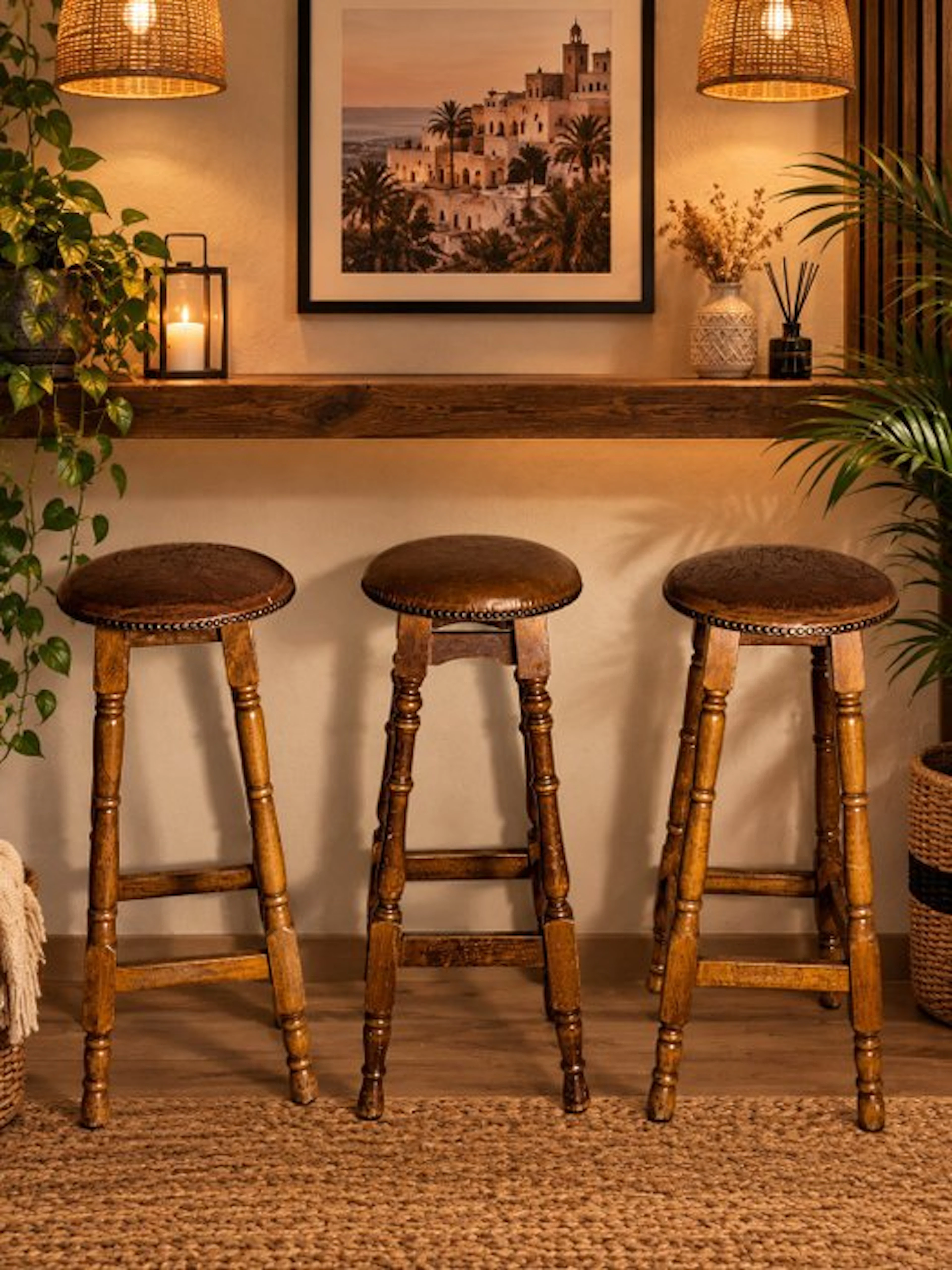Stool (3) - 3 vintage bar stools in turned wood and...