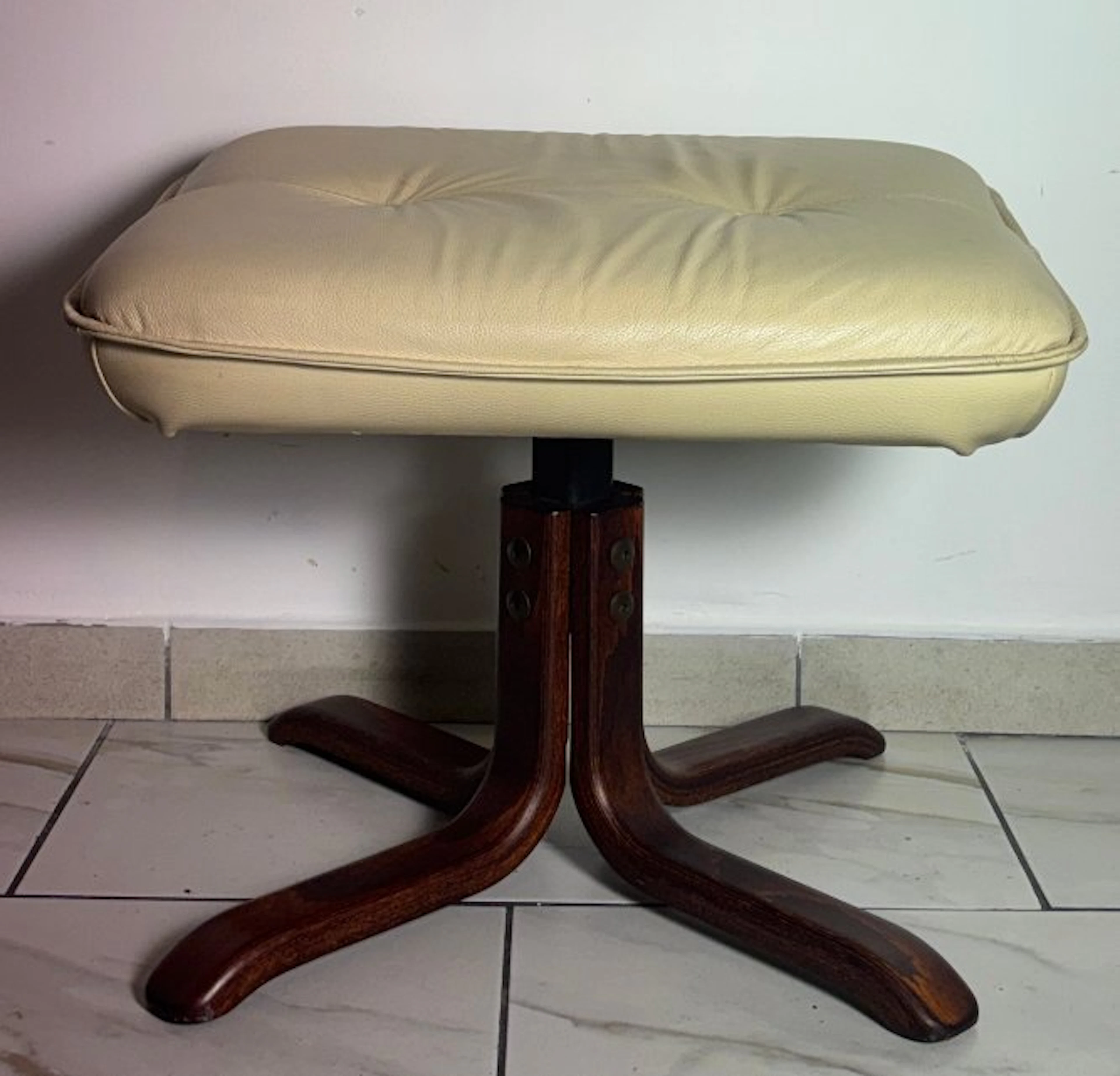 Footstool - Scandinavian leather and bentwood ottoman...