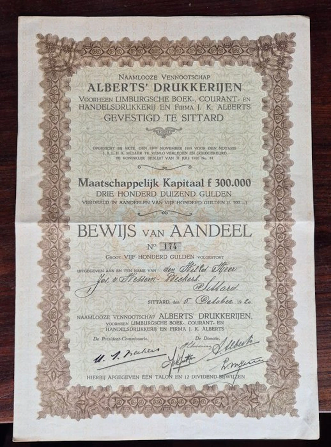 Netherlands. 500 Gulden - 1920 Alberts' Drukkerijen - aandeel