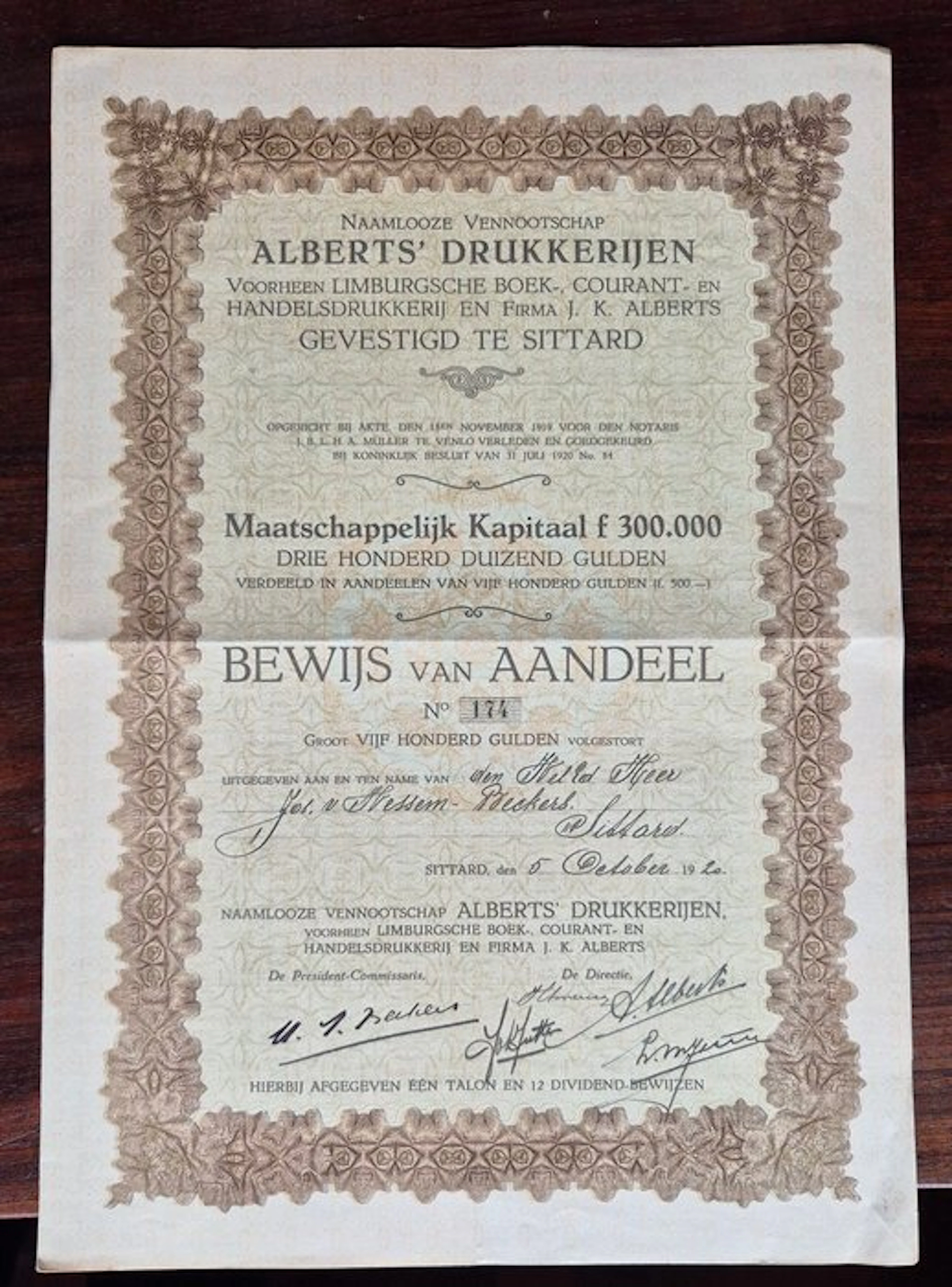 Netherlands. 500 Gulden - 1920 Alberts' Drukkerijen - aandeel