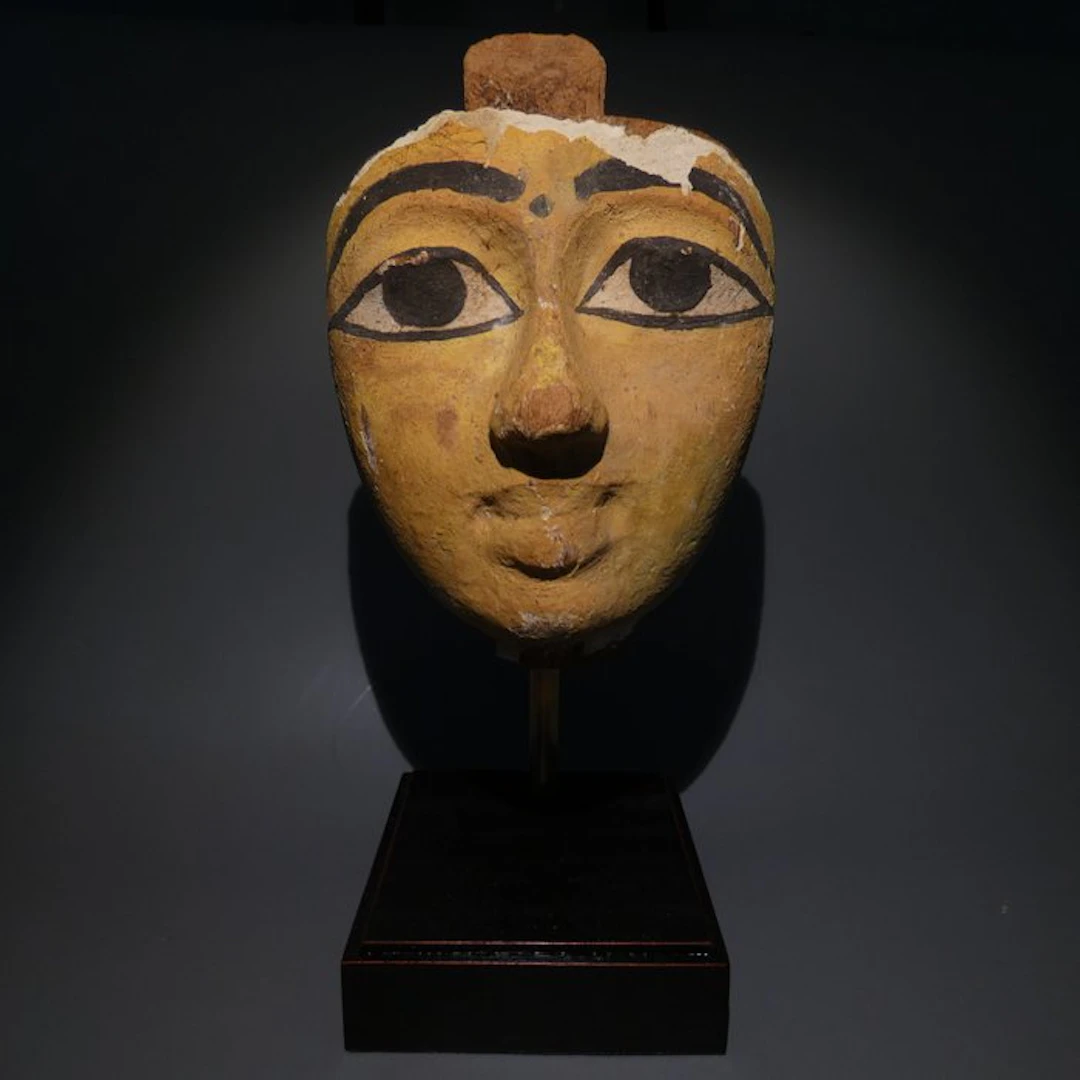 Ancient Egyptian Wood Sarcophagus mask. 17 H. Late Period, 664 - 332 BC