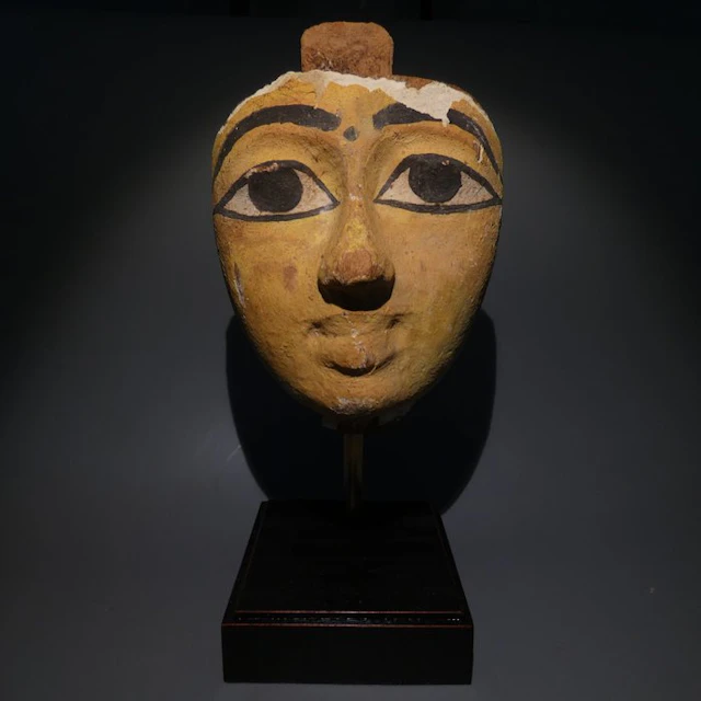 Ancient Egyptian Wood Sarcophagus mask. 17 H. Late Period, 664 - 332 BC
