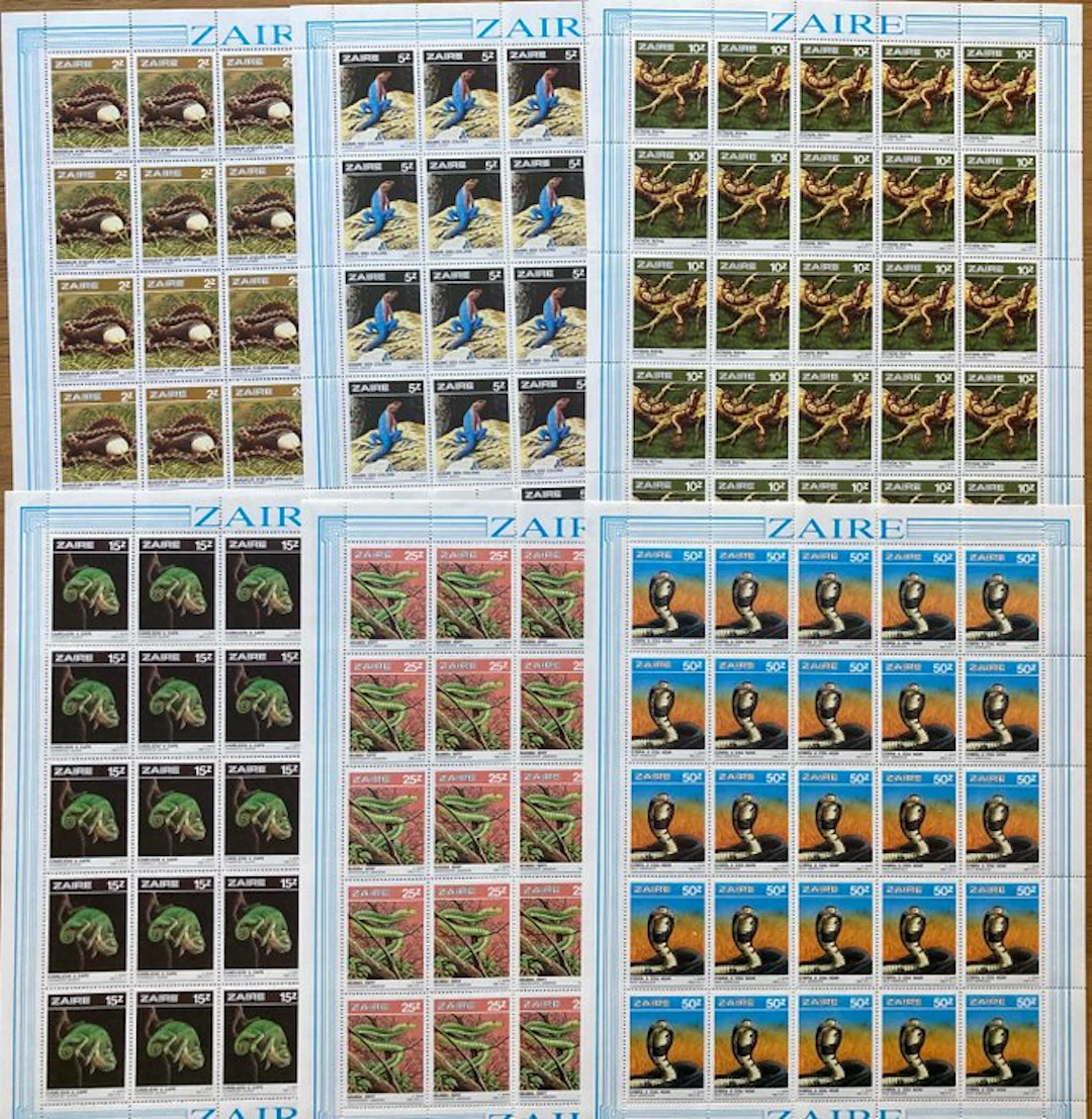 Zaire 1987 - Complete series in sheets of 25: 'Reptiles'...