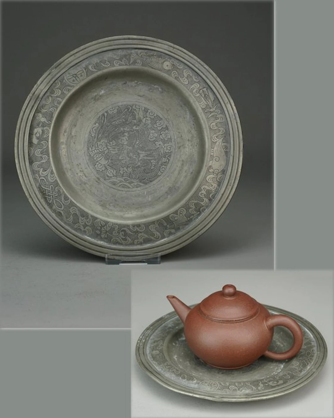 Teapot tray - Pewter/Tin - Dragon and Phoenix - China - Qing Dynasty