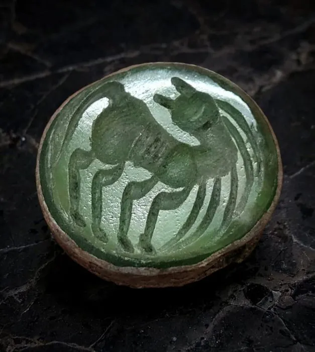 Islamic Bronze Ring with Green Glass Intaglio 17th to...