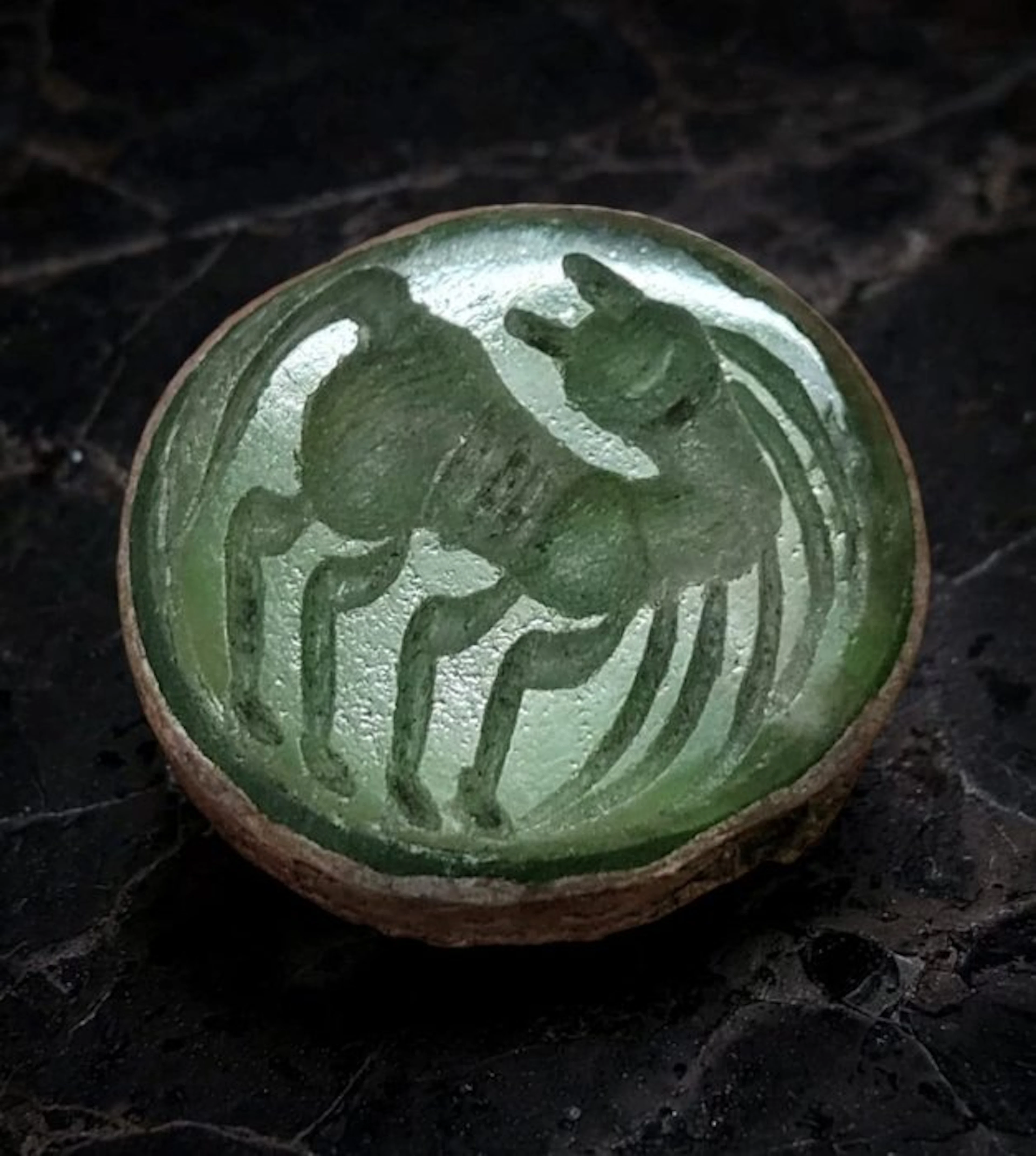 Islamic Bronze Ring with Green Glass Intaglio 17th to...