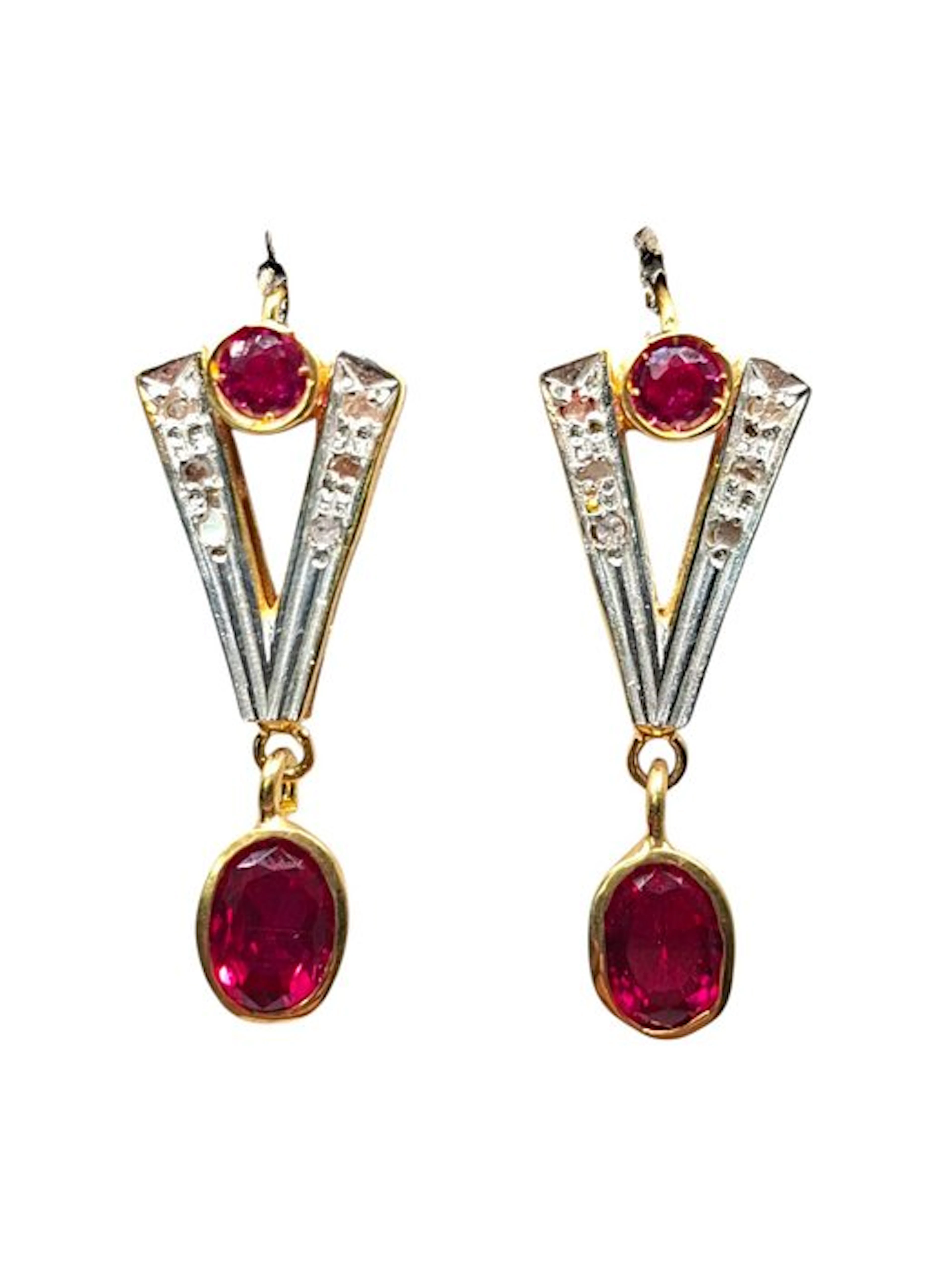 No reserve price - Earrings - 9 kt. Silver, Yellow gold Ruby - Mixed gemstones