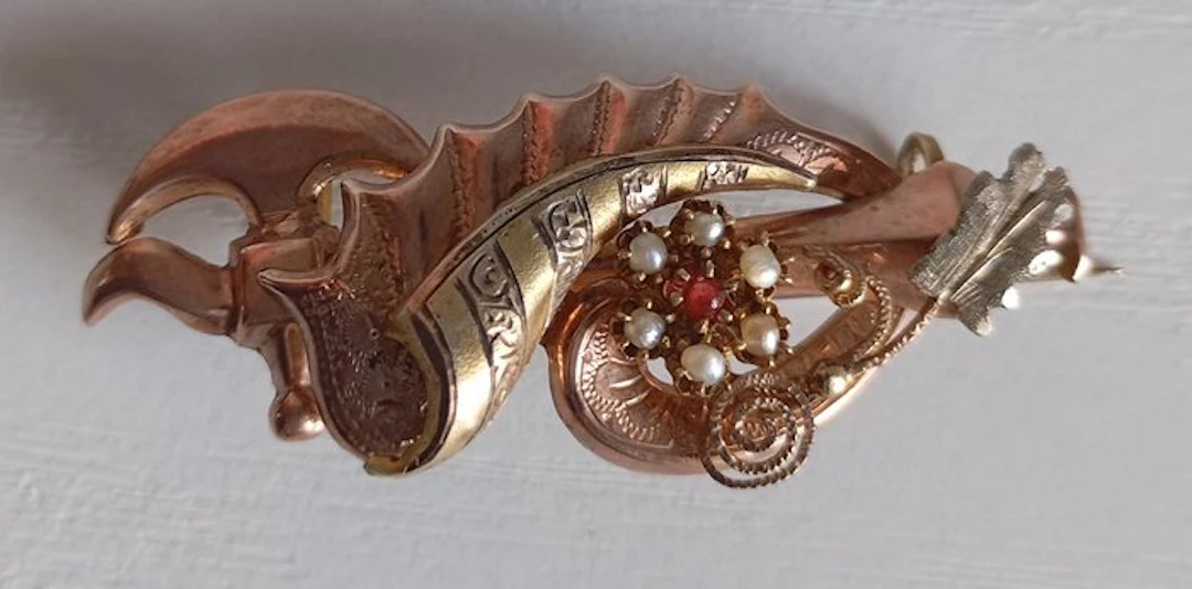 Brooch - 9 kt. Rose gold, Yellow gold Pearl - Pearl