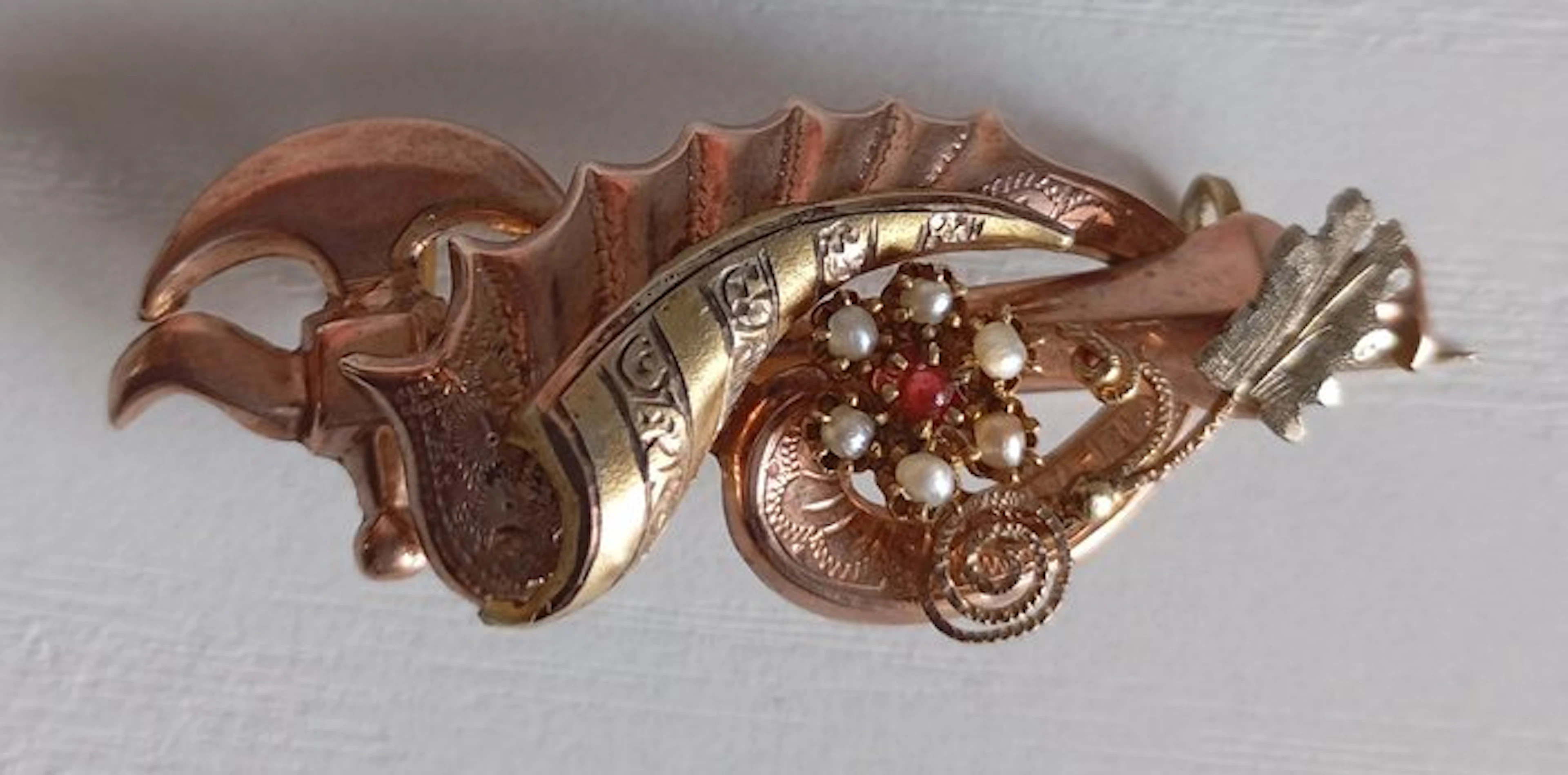 Brooch - 9 kt. Rose gold, Yellow gold Pearl - Pearl