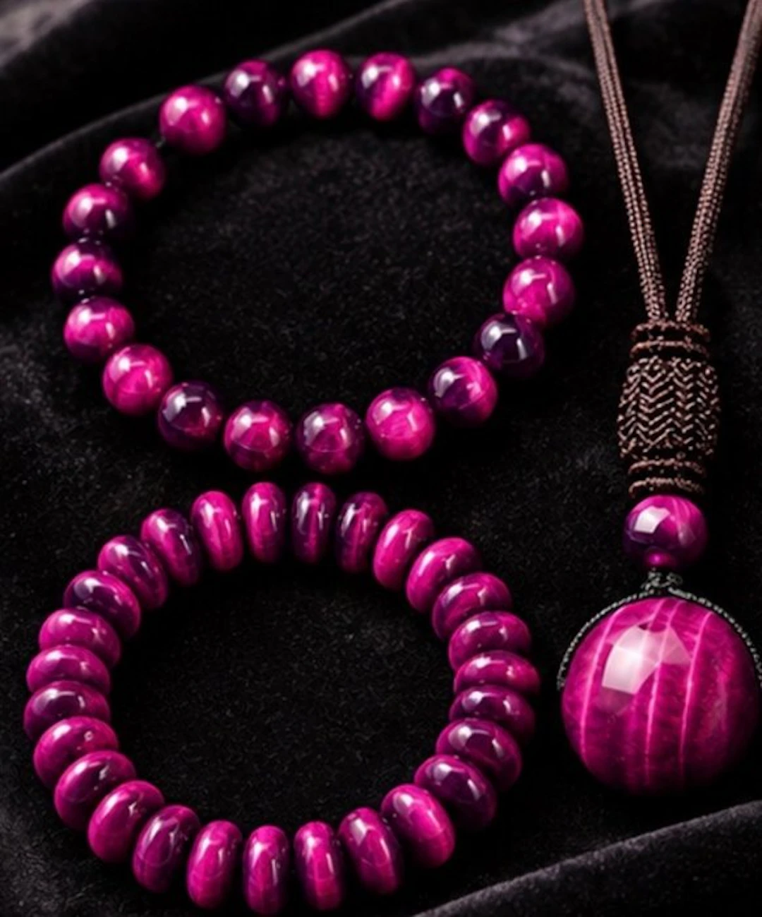 Pink Tiger’s Eye Jewelry Set – Two Bracelets & Pendant - 3 piece jewellery set
