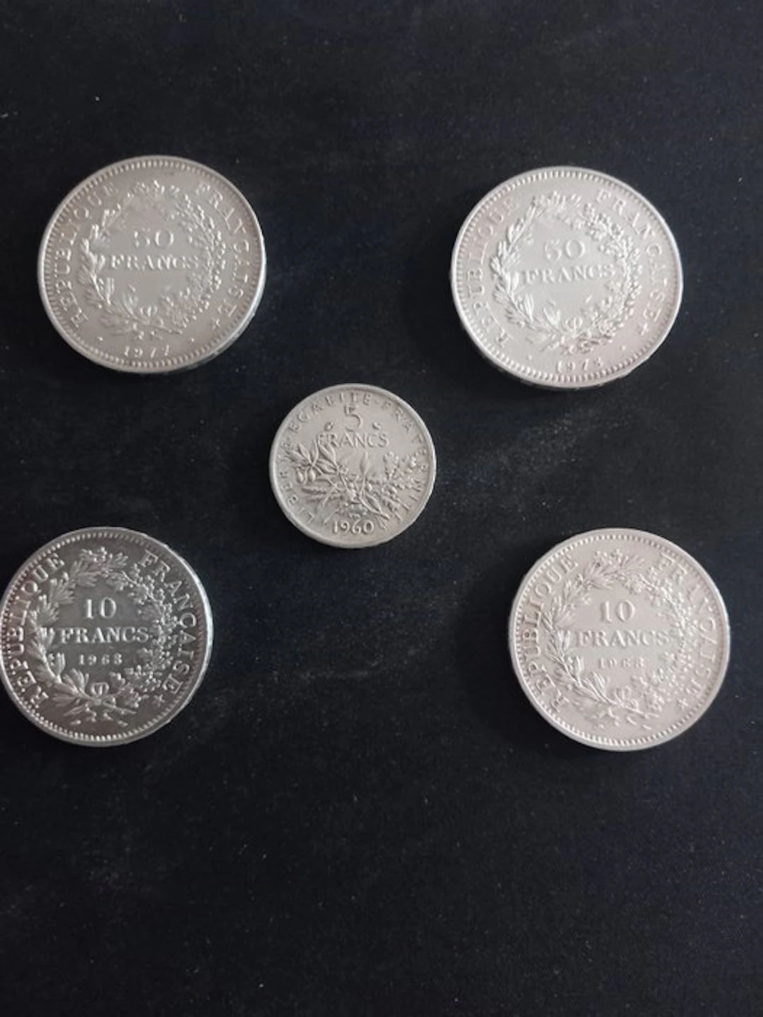 France. Lot de 5 monnaies en argent, 1960/1978
