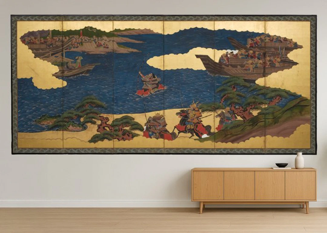 Folding screen with samurai battle - Lacquered wood