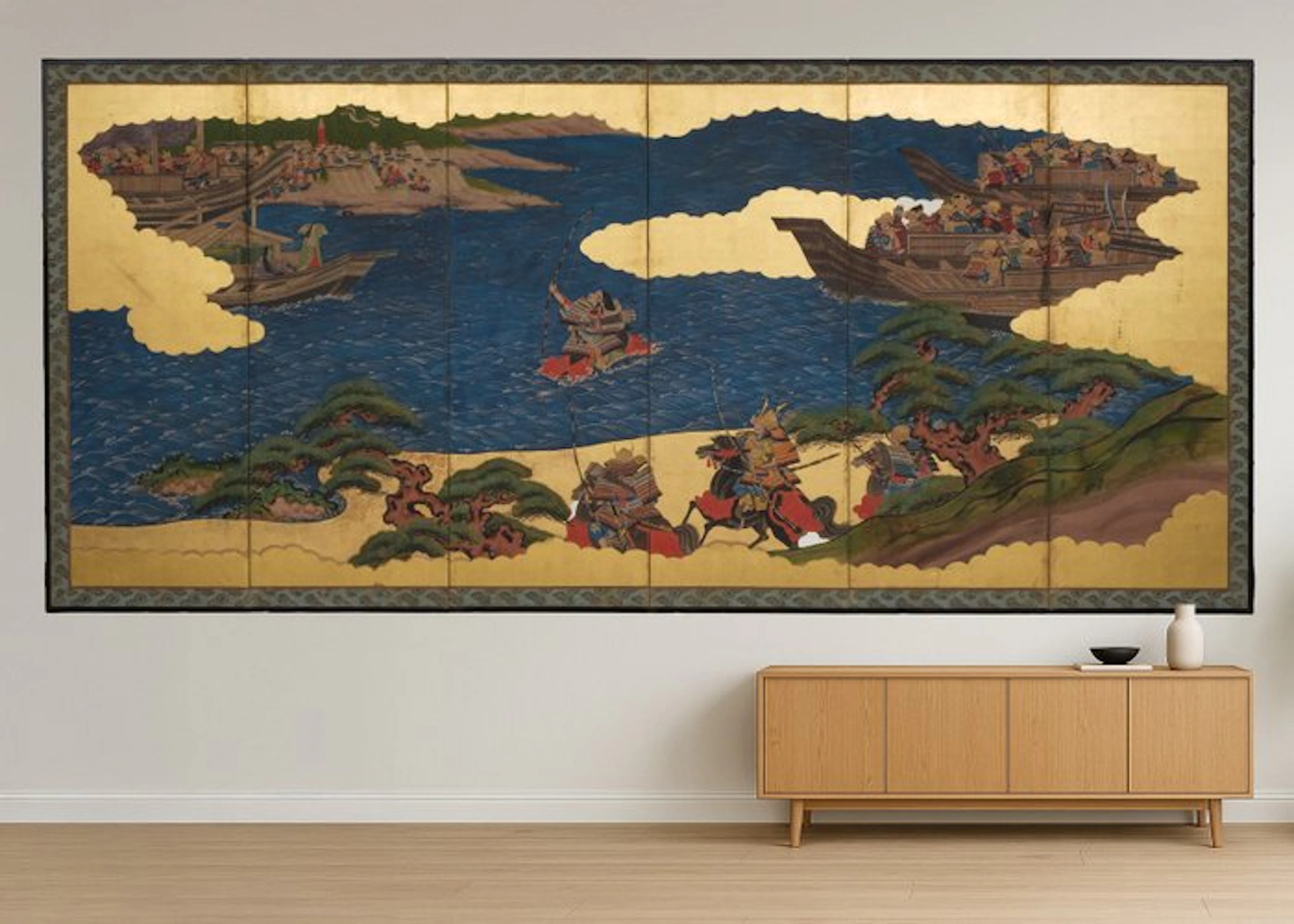 Folding screen with samurai battle - Lacquered wood
