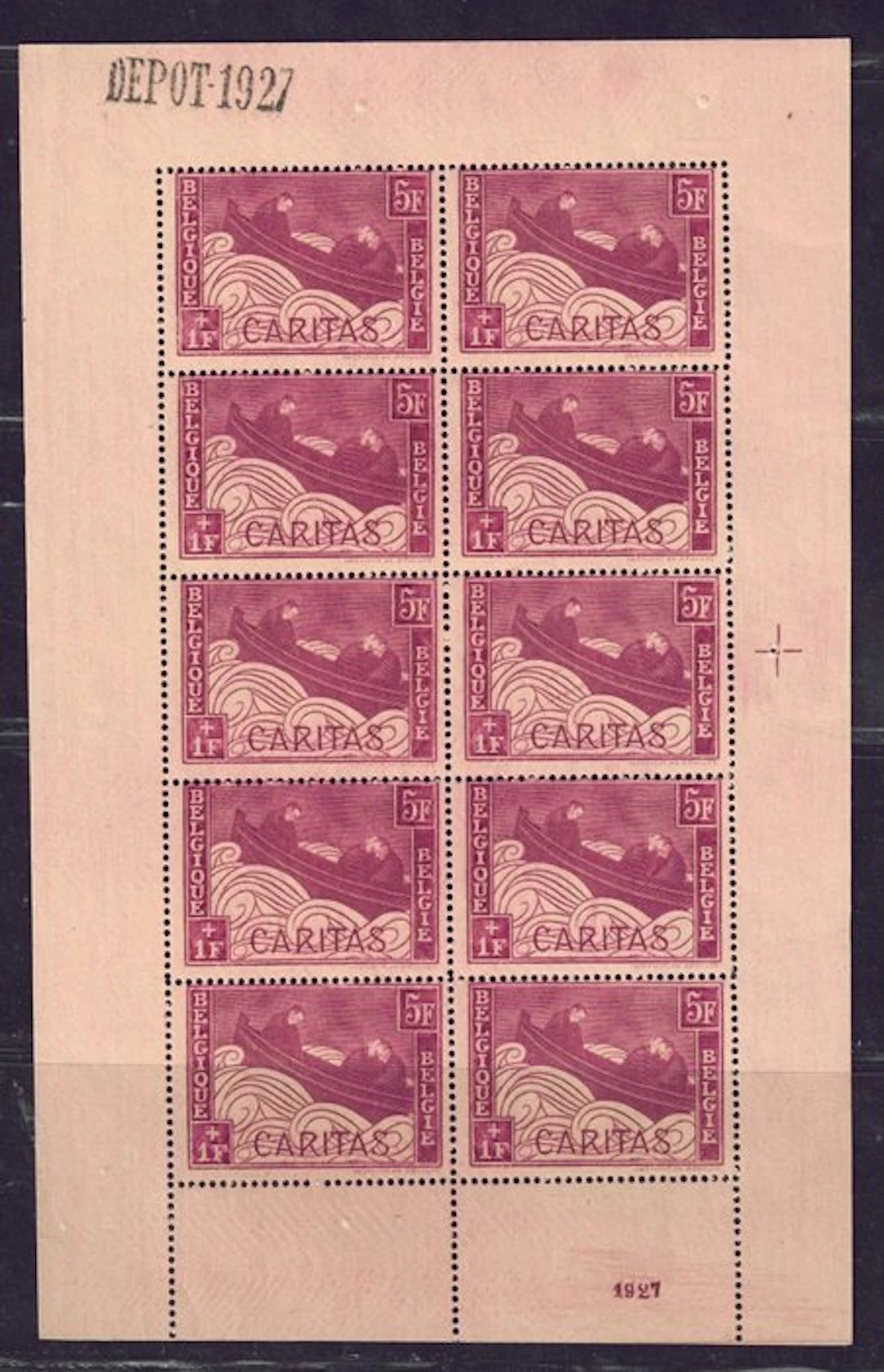 Belgium 1927 - "Little boat" in a sheet of 10 with dépôt...