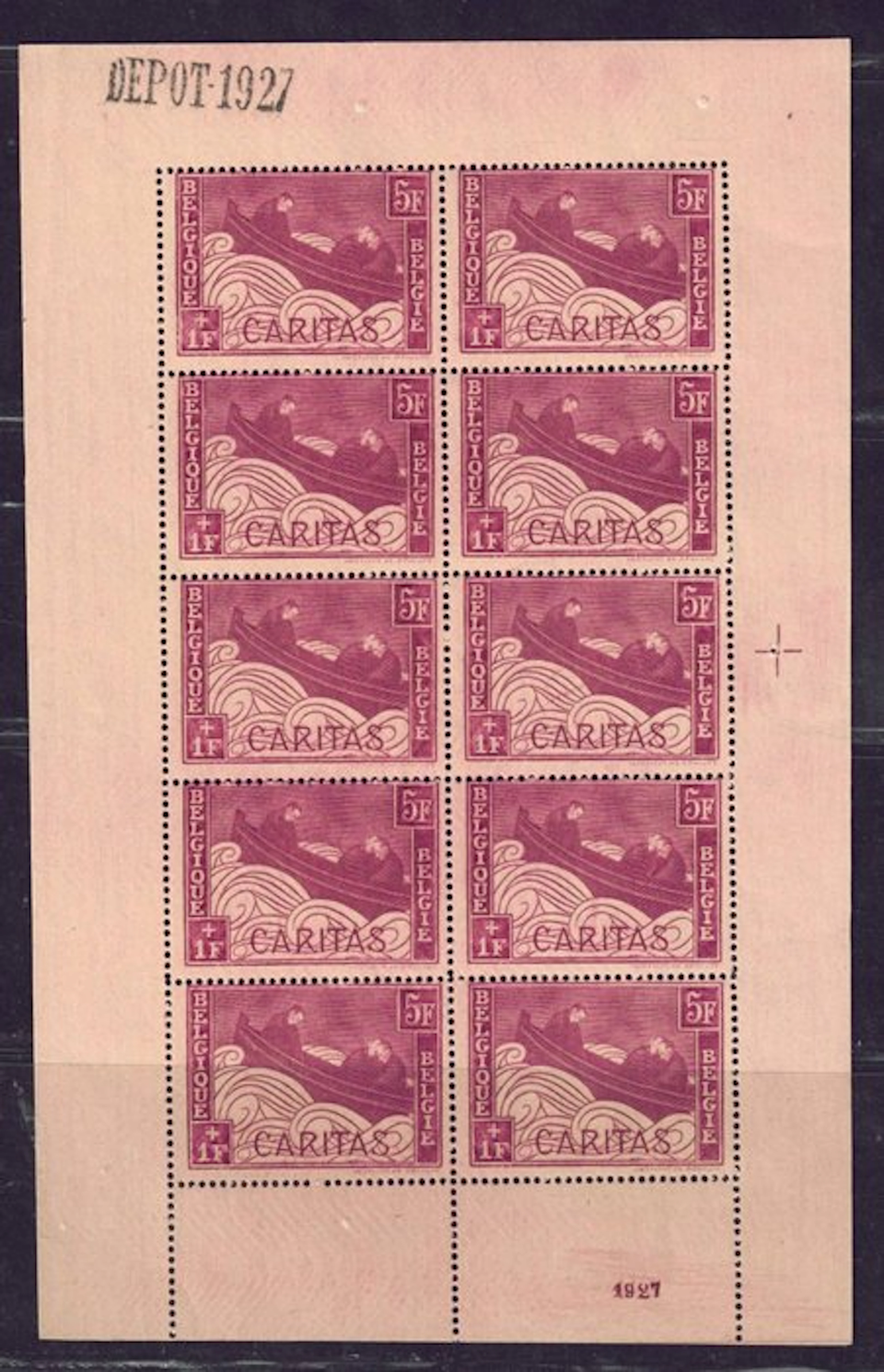 Belgium 1927 - "Little boat" in a sheet of 10 with dépôt...