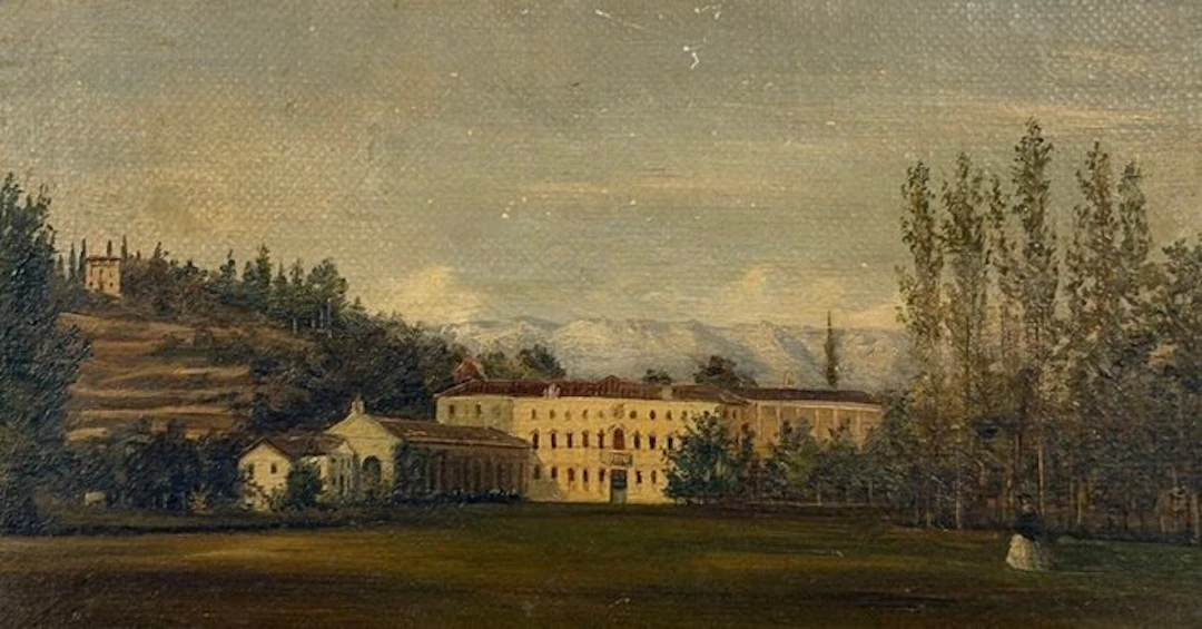 Italian school (XIX) - Veduta di villa signorile con dama nel parco