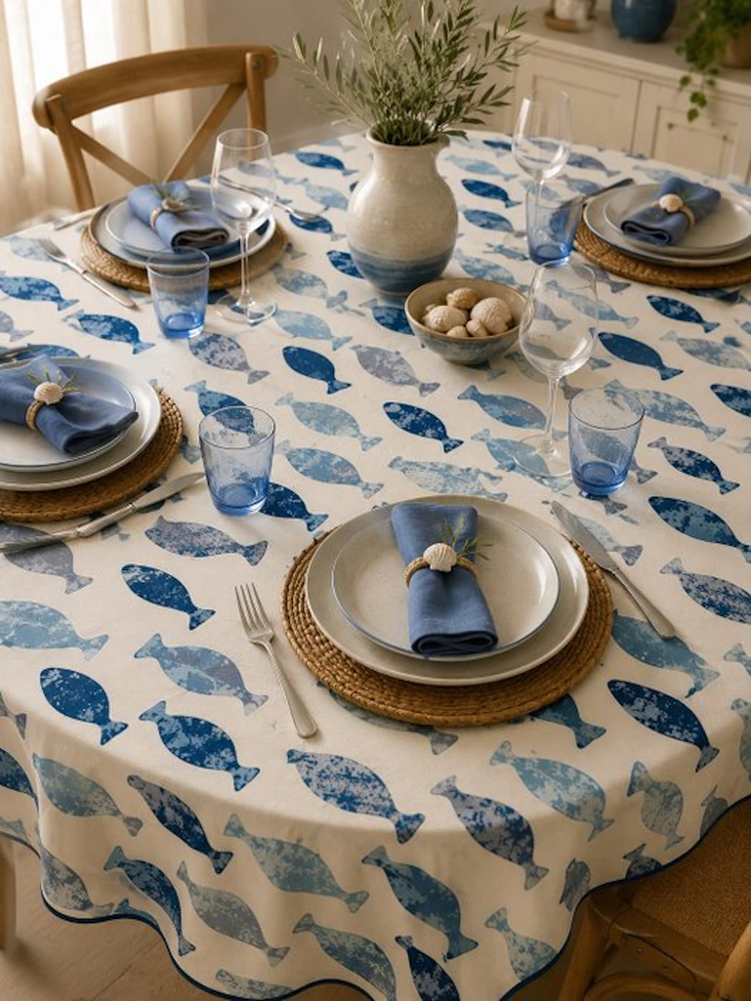 Elegant tablecloth with a stylized pattern of blue and...