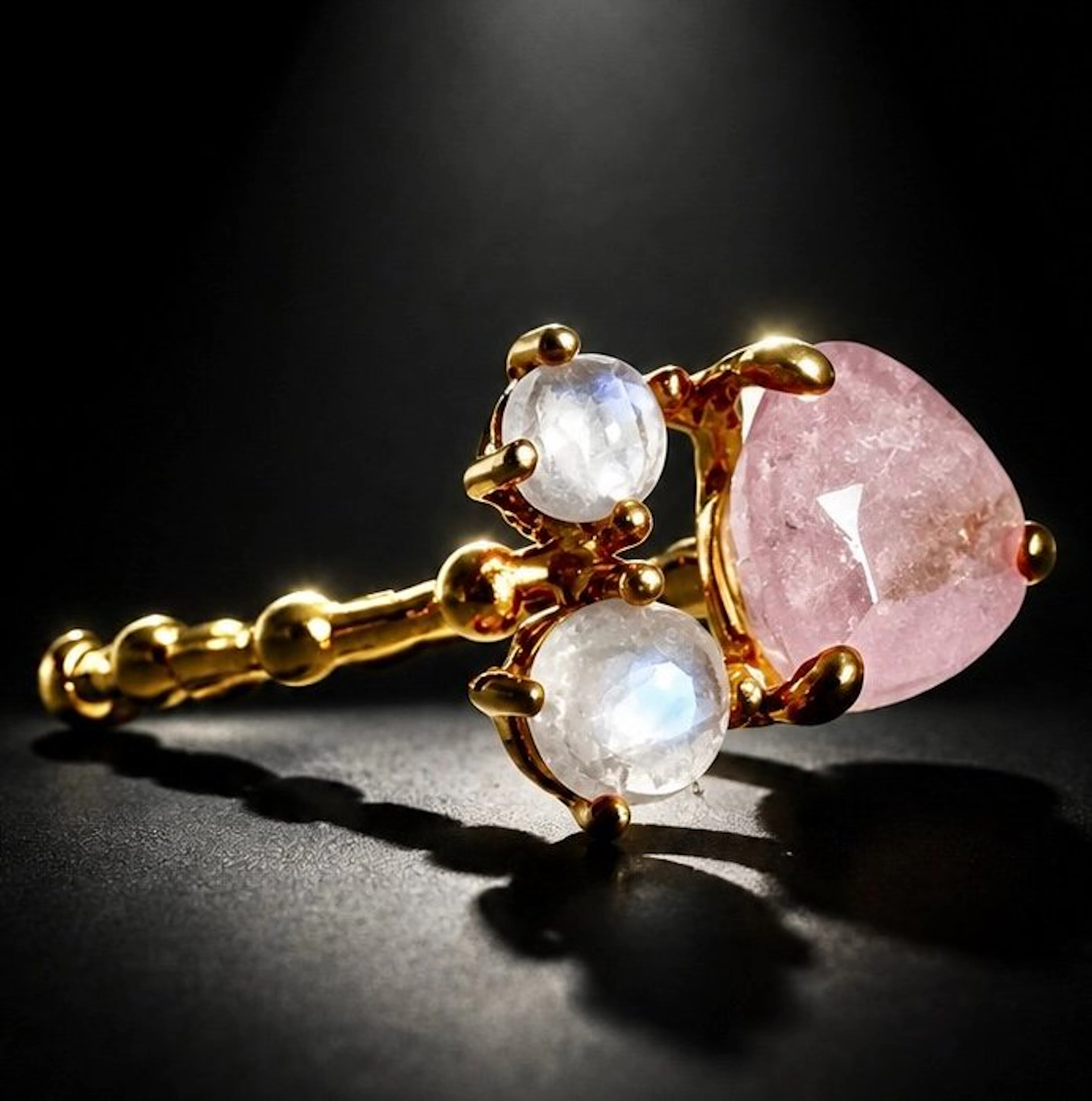 Gold-plated 925 silver, Morganite, Moonstone - Ring