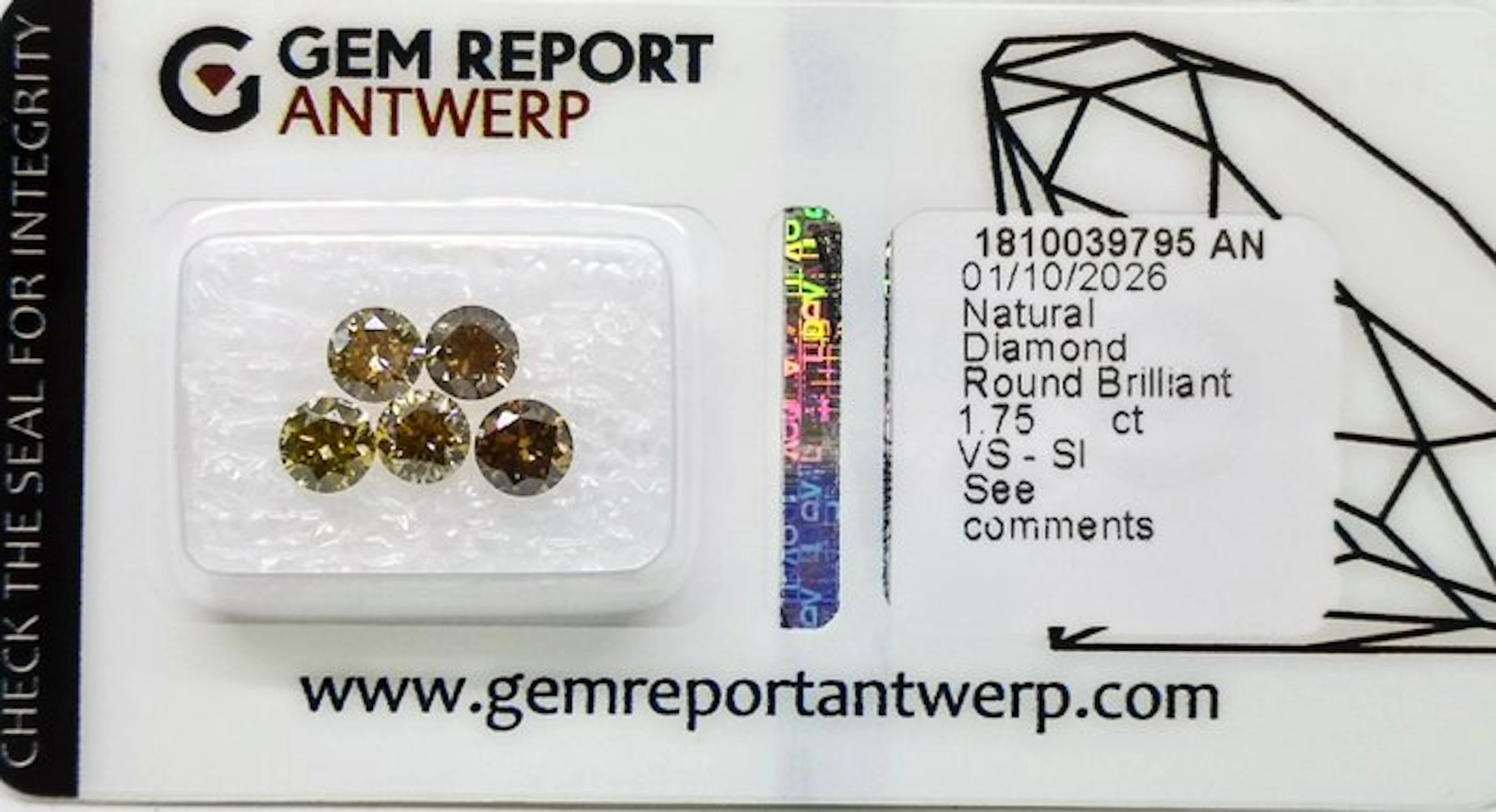 No reserve price - 5 pcs Diamond (Natural coloured) - 1.75 ct - Round Yellow