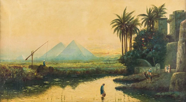Erminio Kremp (1860 - 1936) - Le Piramidi di Giza al crepuscolo - XL format