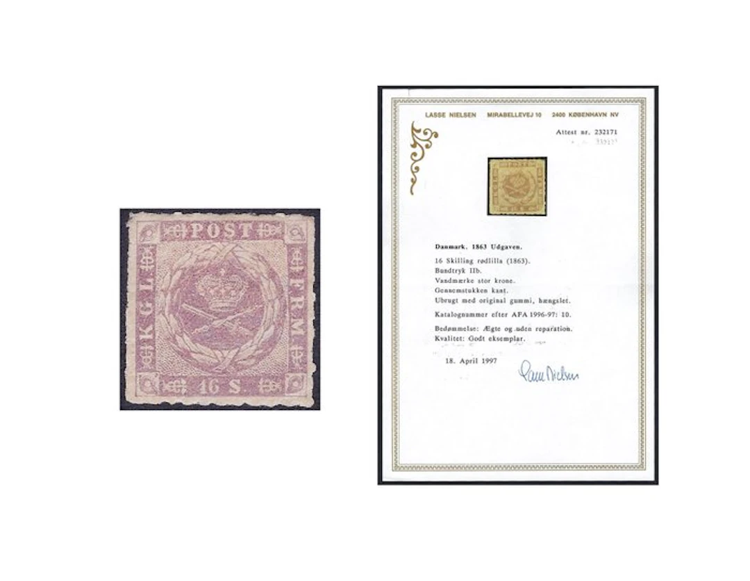 Denmark 1854/1864 - Coat of Arms 16sk Lilac - Certificate Nielsen - Nº 7