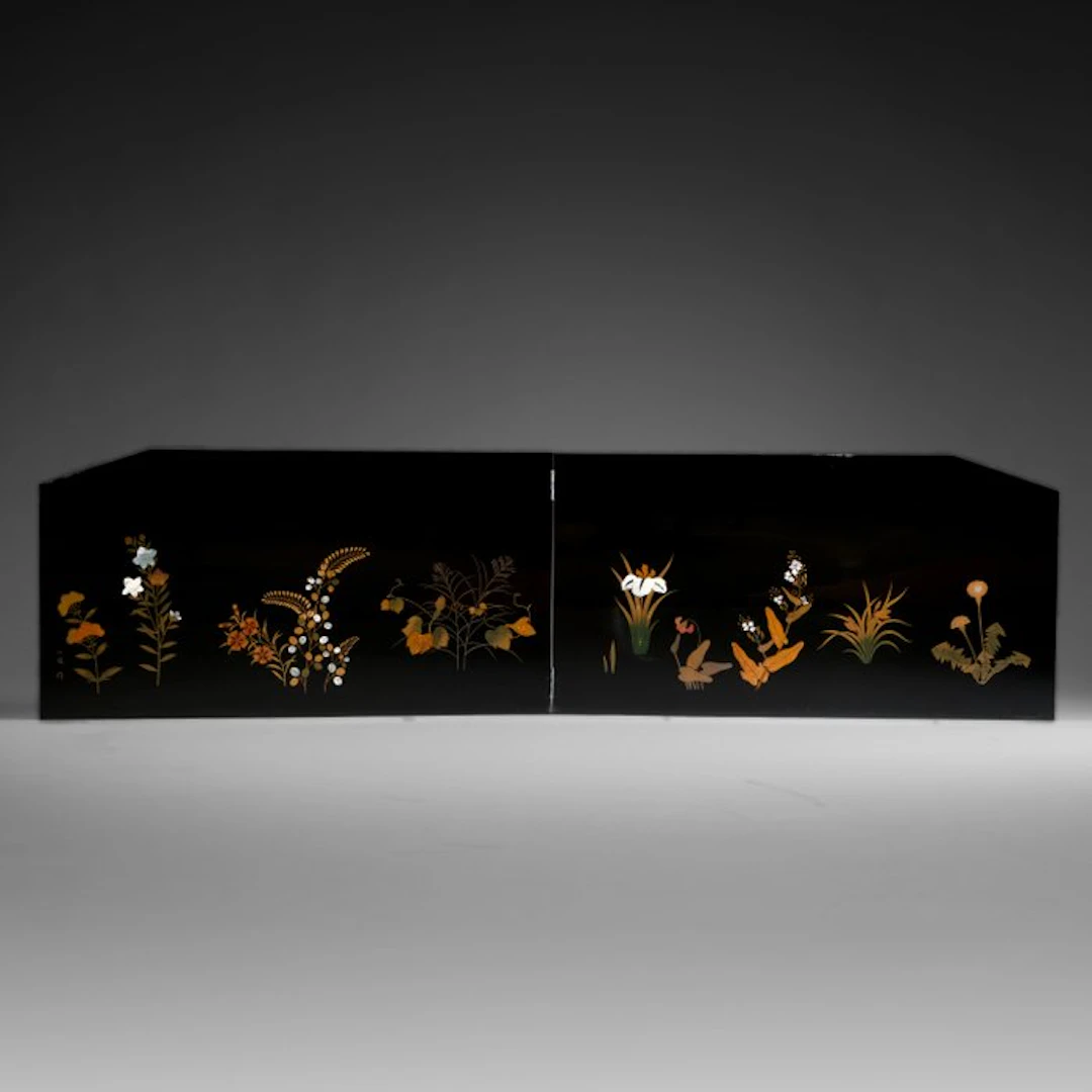 Tea-ceremony folding screen with flowers - Lacquered wood