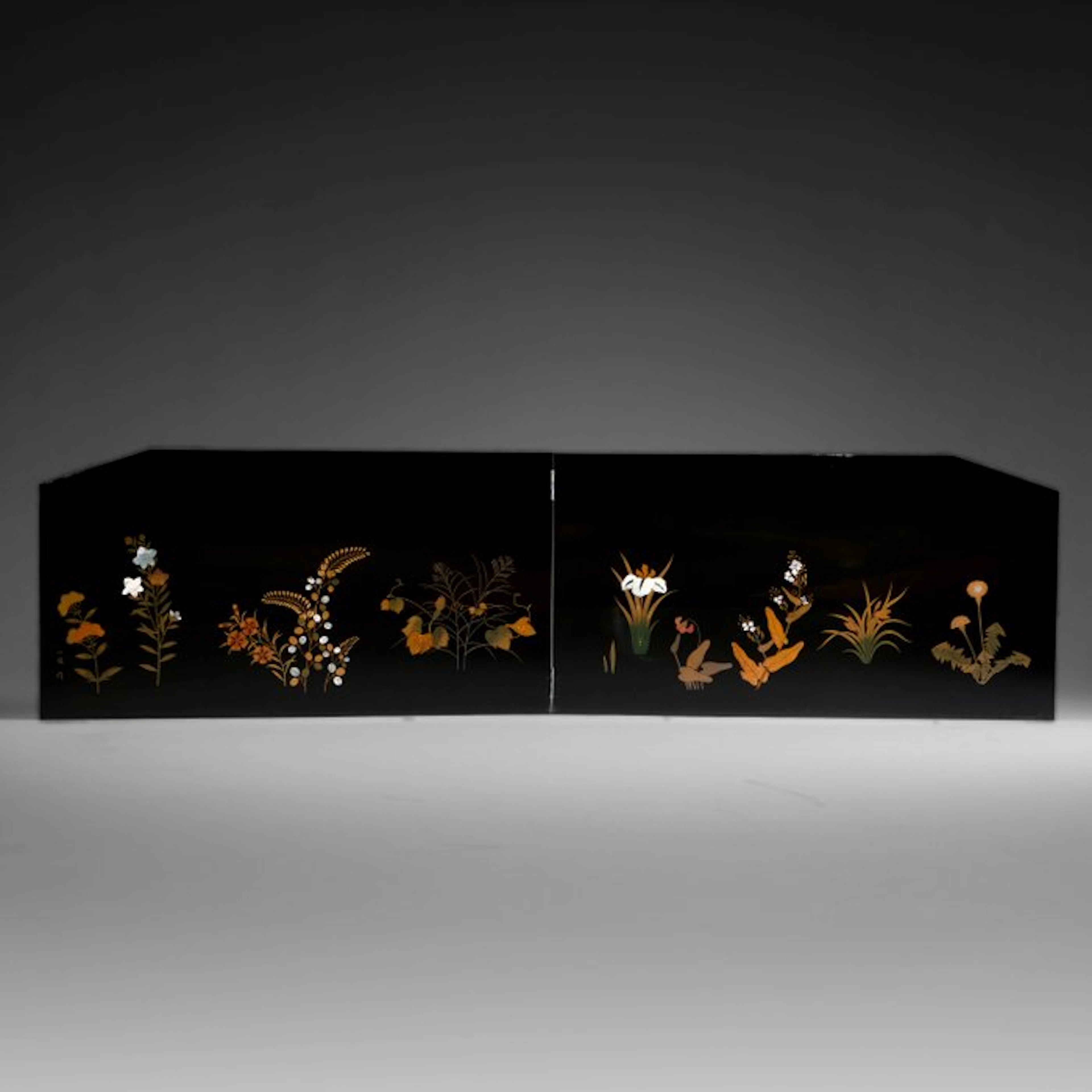 Tea-ceremony folding screen with flowers - Lacquered wood