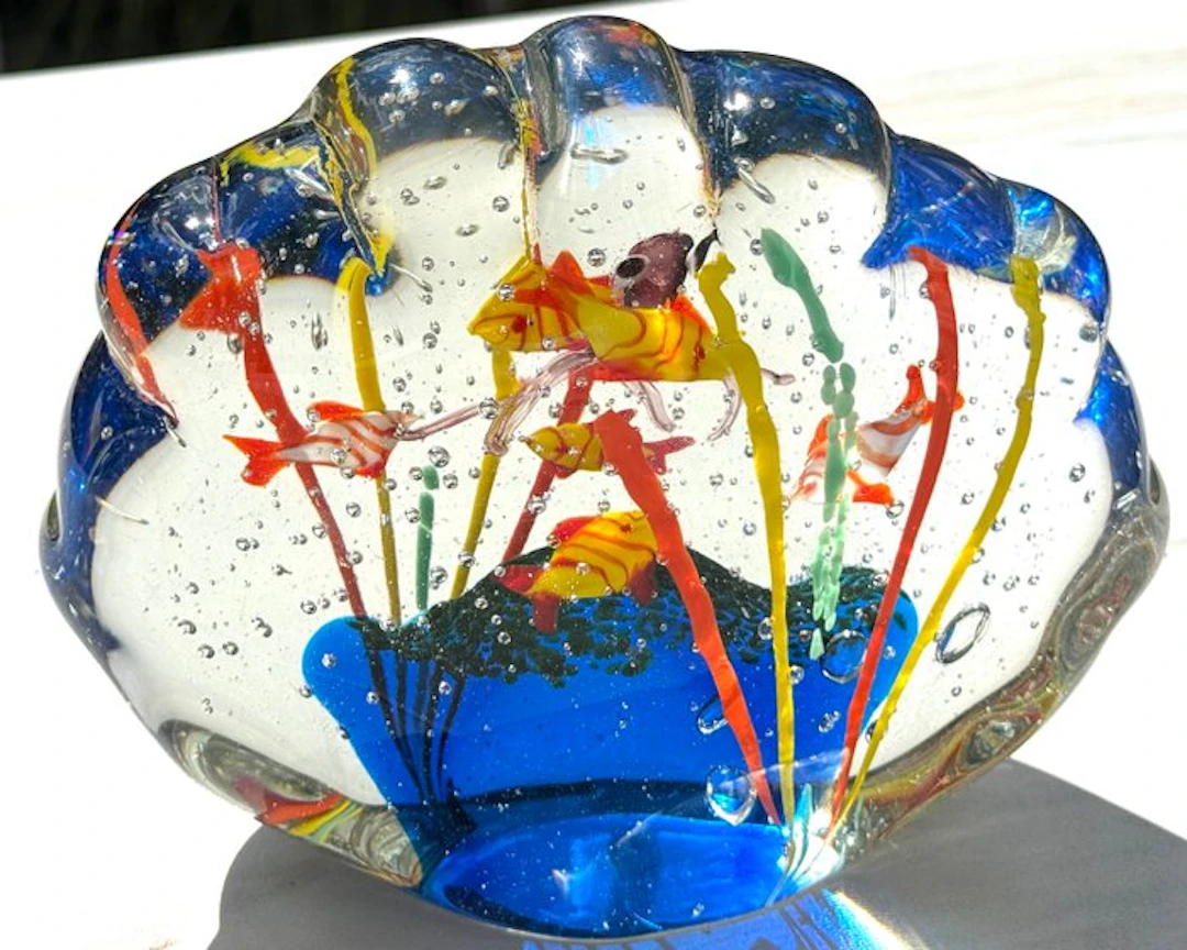 Sculpture, 6 Fische + Qualle Aquarium - 16 cm - Large Murano Glass